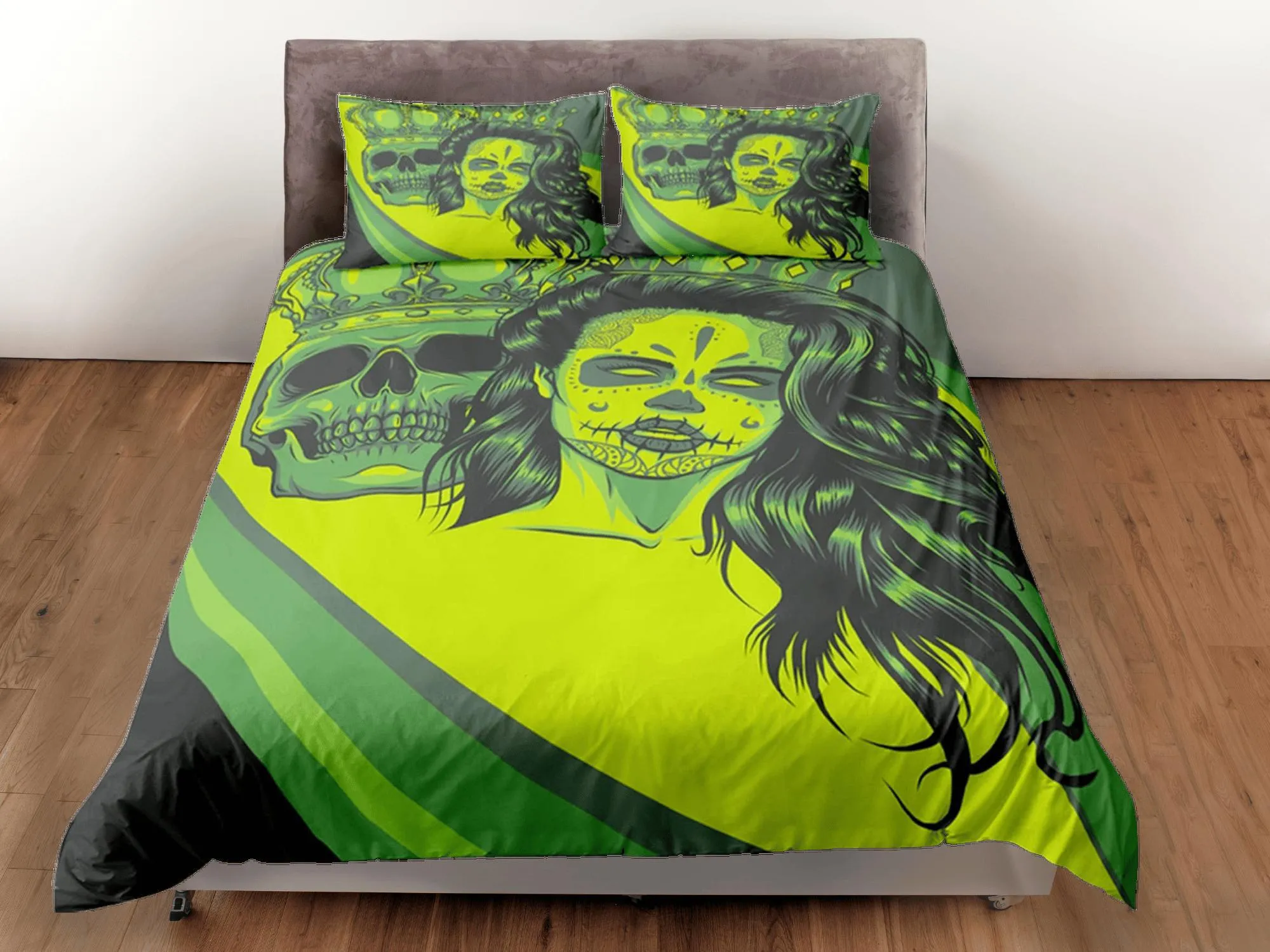 Gangster Skull Green Duvet Cover Set Bedspread, Dorm Bedding with Pillowcase