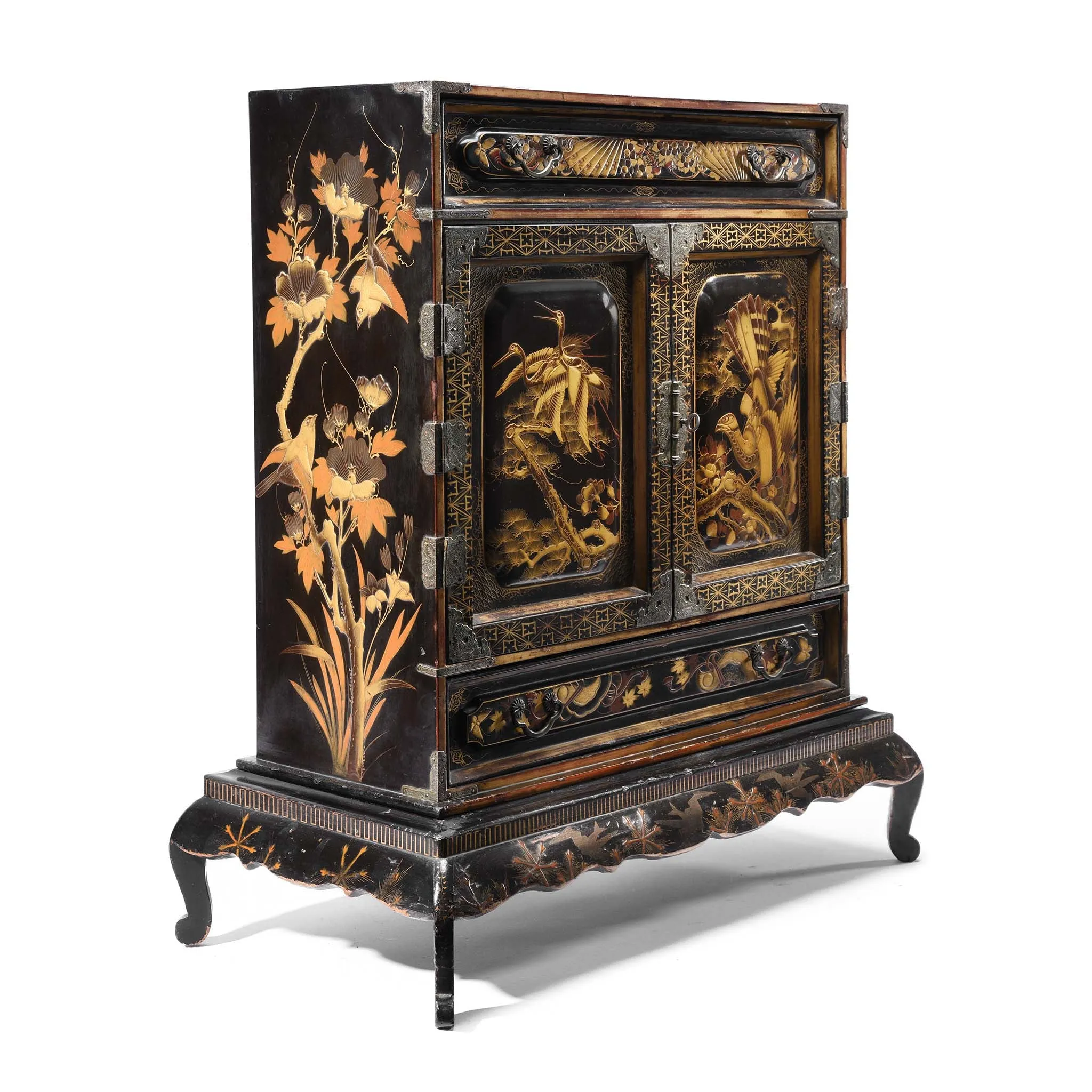 Gilt Japanese Black Lacquer Kodansu Jewellery Cabinet - Meiji Period