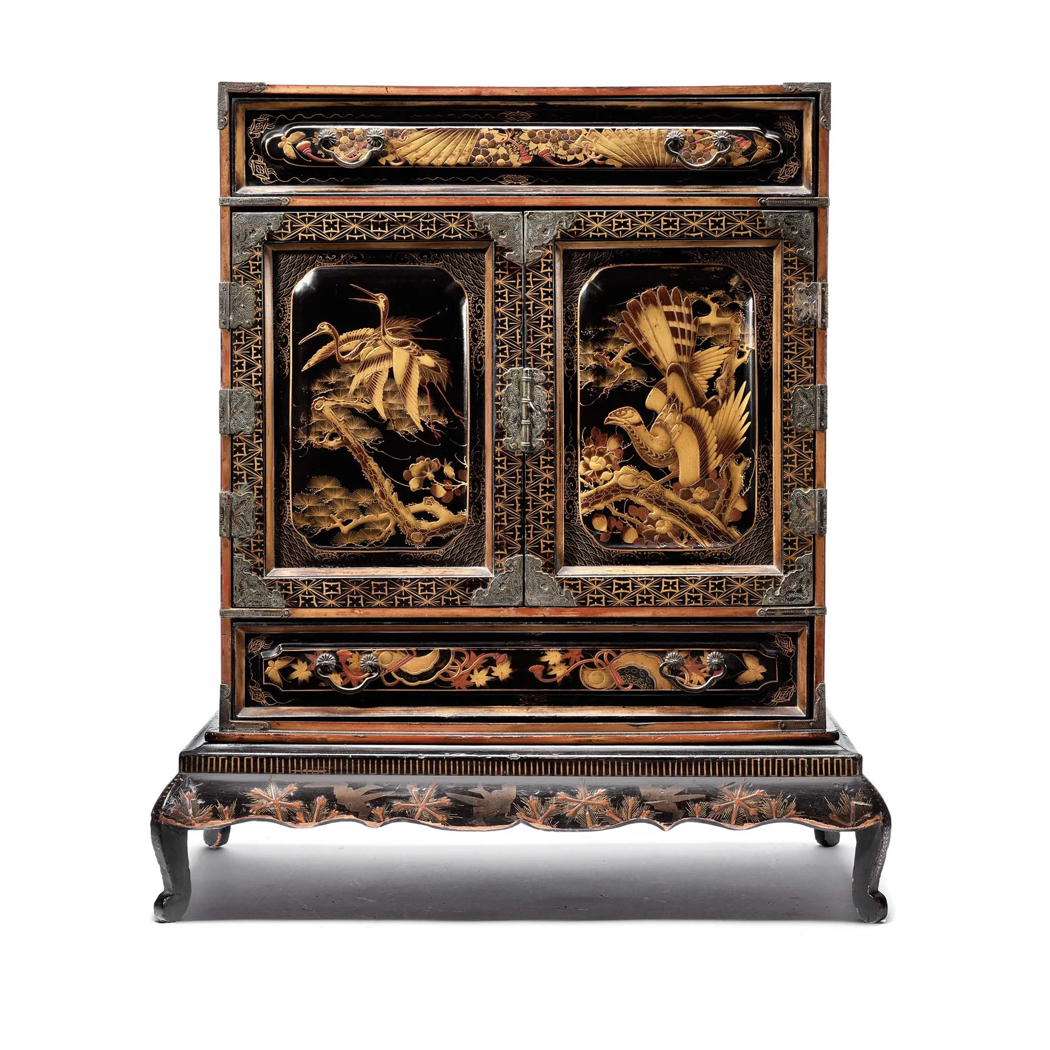 Gilt Japanese Black Lacquer Kodansu Jewellery Cabinet - Meiji Period