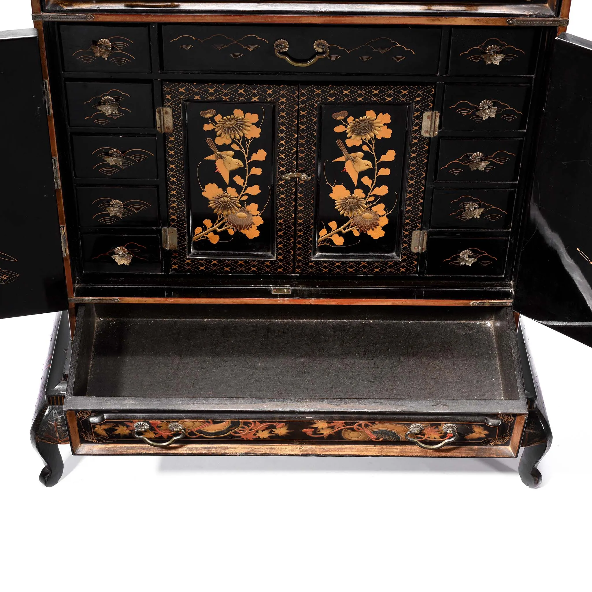 Gilt Japanese Black Lacquer Kodansu Jewellery Cabinet - Meiji Period