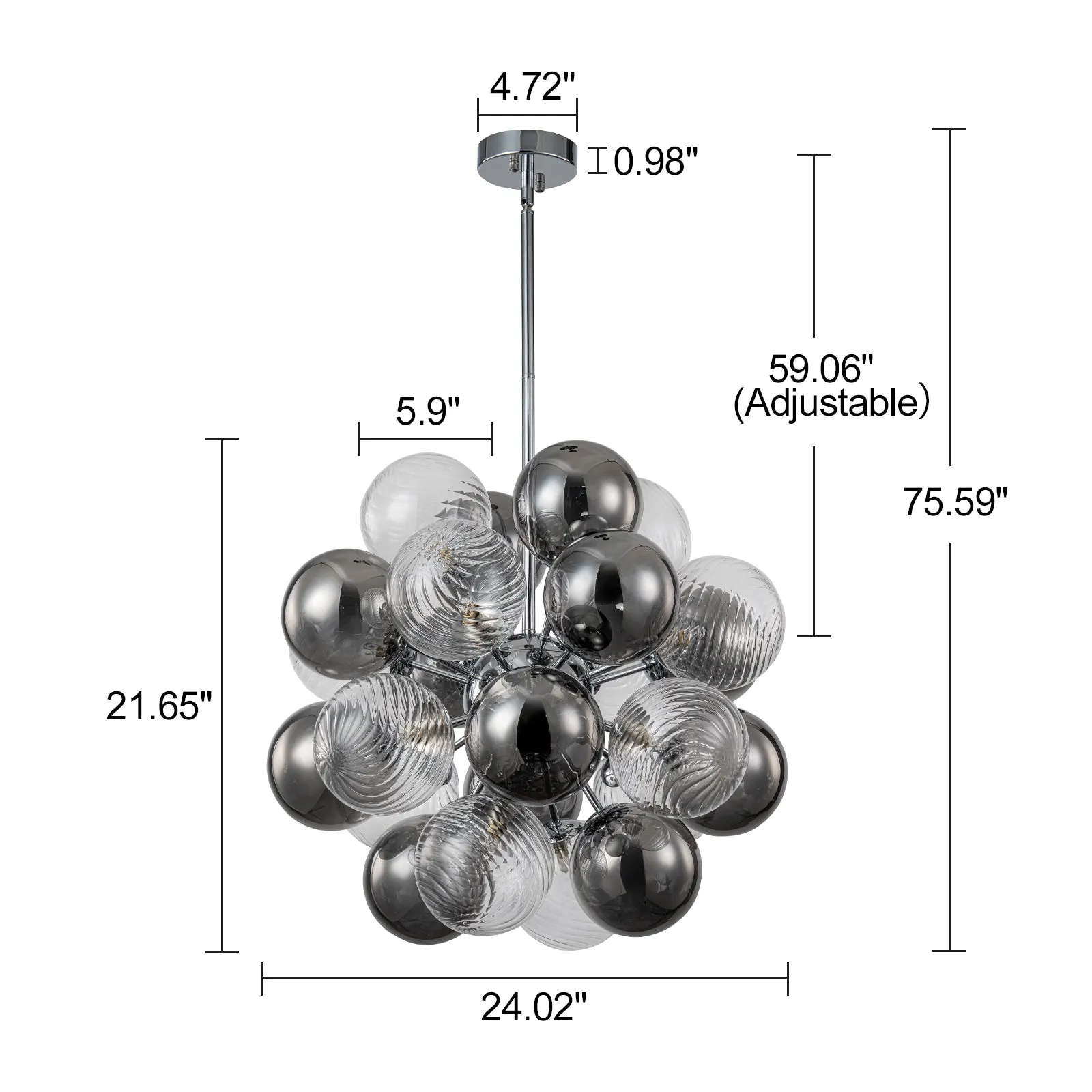 Glowlings 12-Light Modern 24"Wide Smoked Swirl Ribbed Glass Bubble Chandelier