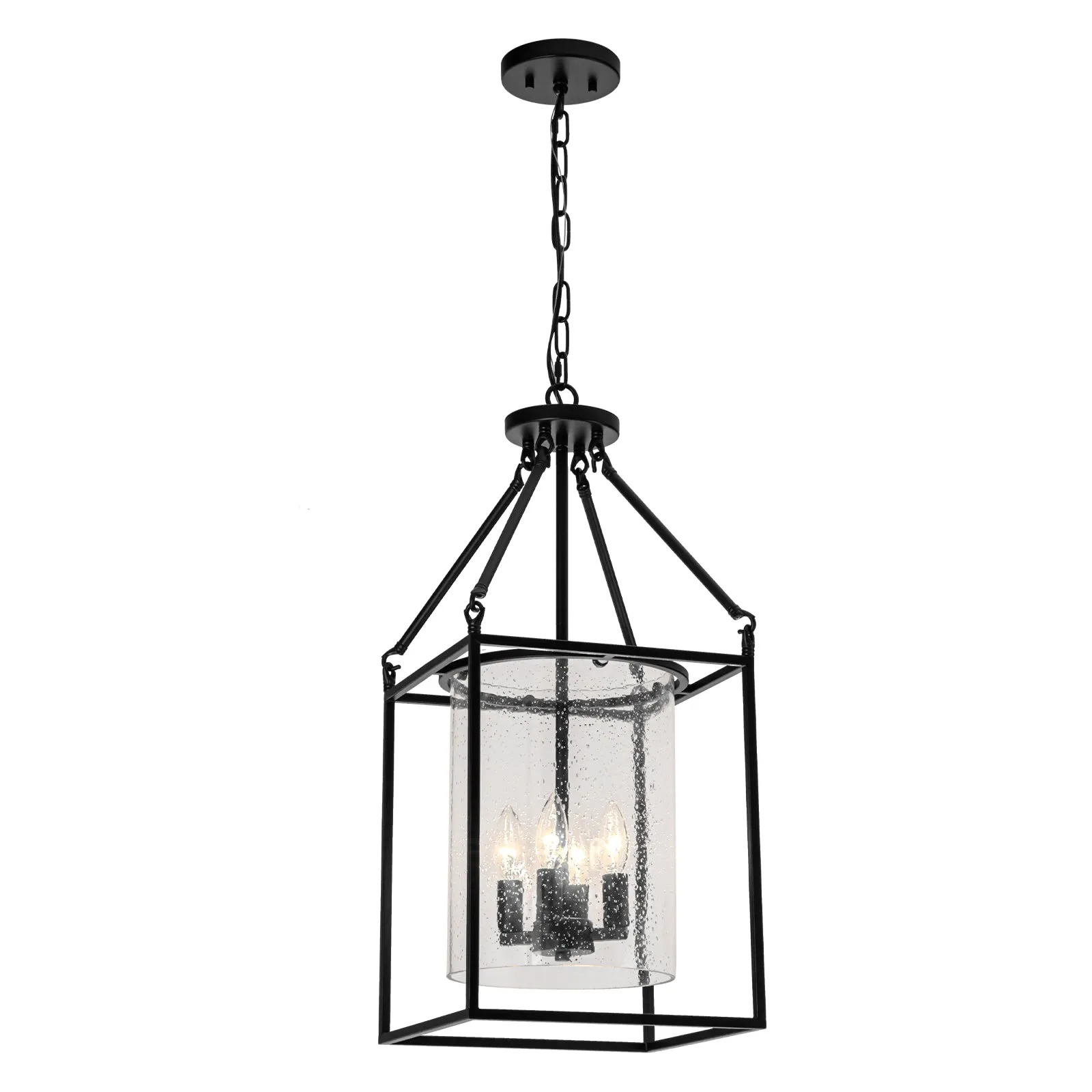 Glowlings 4-Light Vintage Seeded Glass Black Square Rectangle Lantern Chandelier