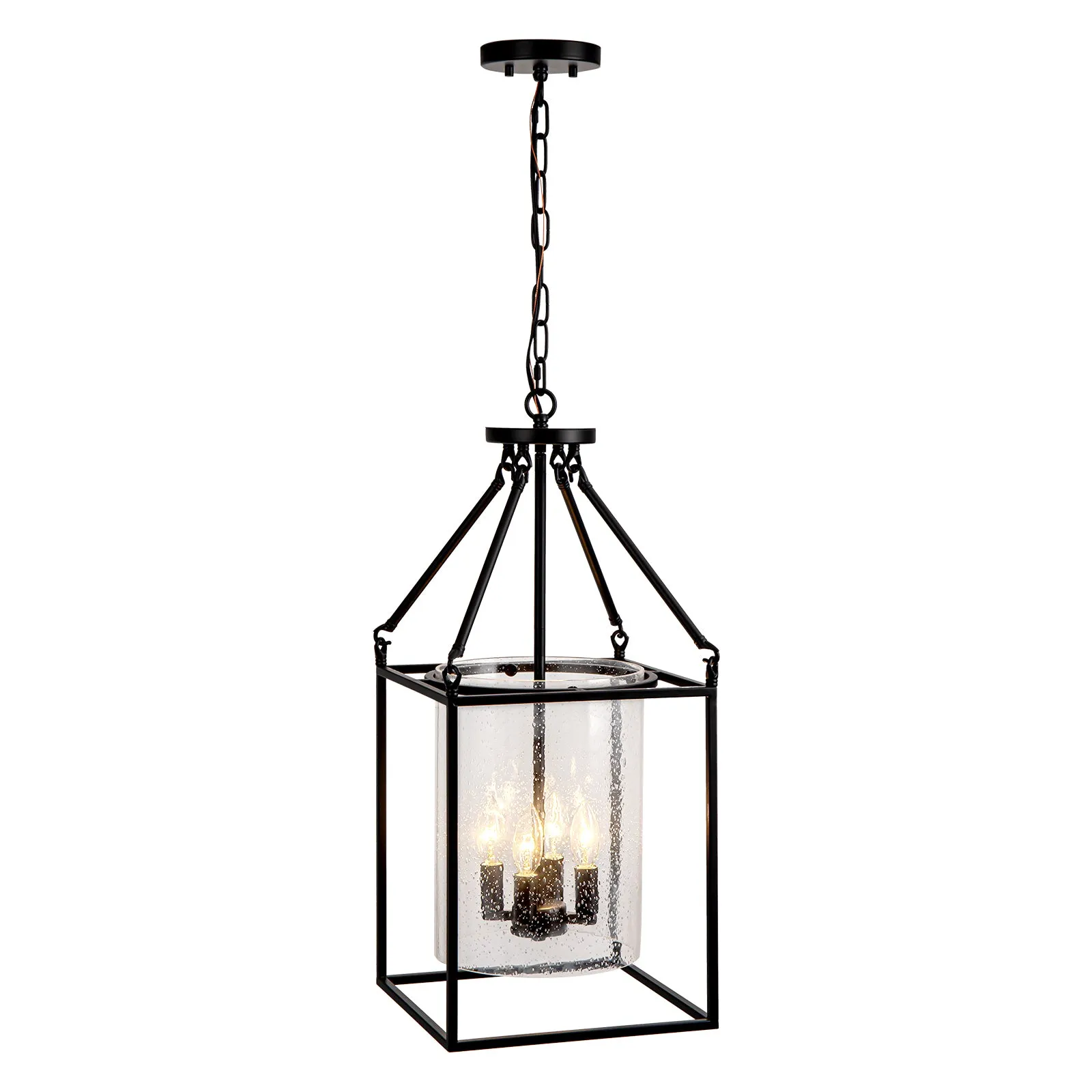 Glowlings 4-Light Vintage Seeded Glass Black Square Rectangle Lantern Chandelier