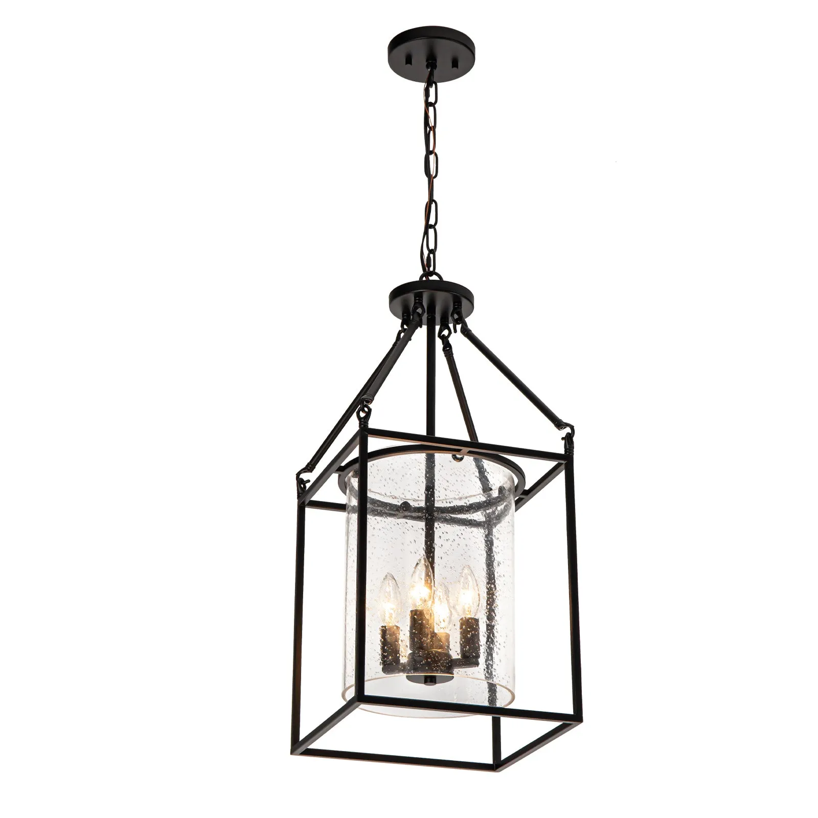 Glowlings 4-Light Vintage Seeded Glass Black Square Rectangle Lantern Chandelier