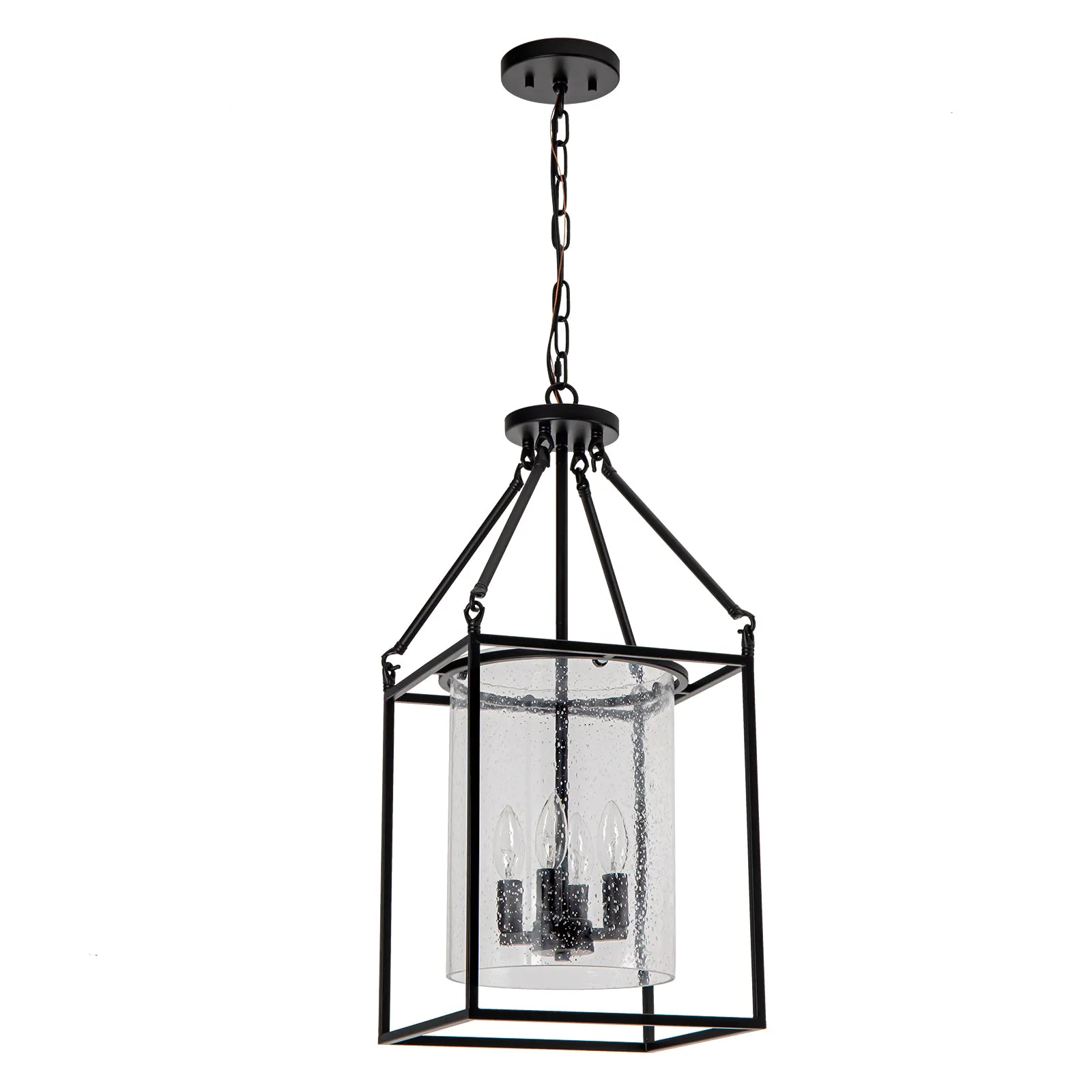 Glowlings 4-Light Vintage Seeded Glass Black Square Rectangle Lantern Chandelier