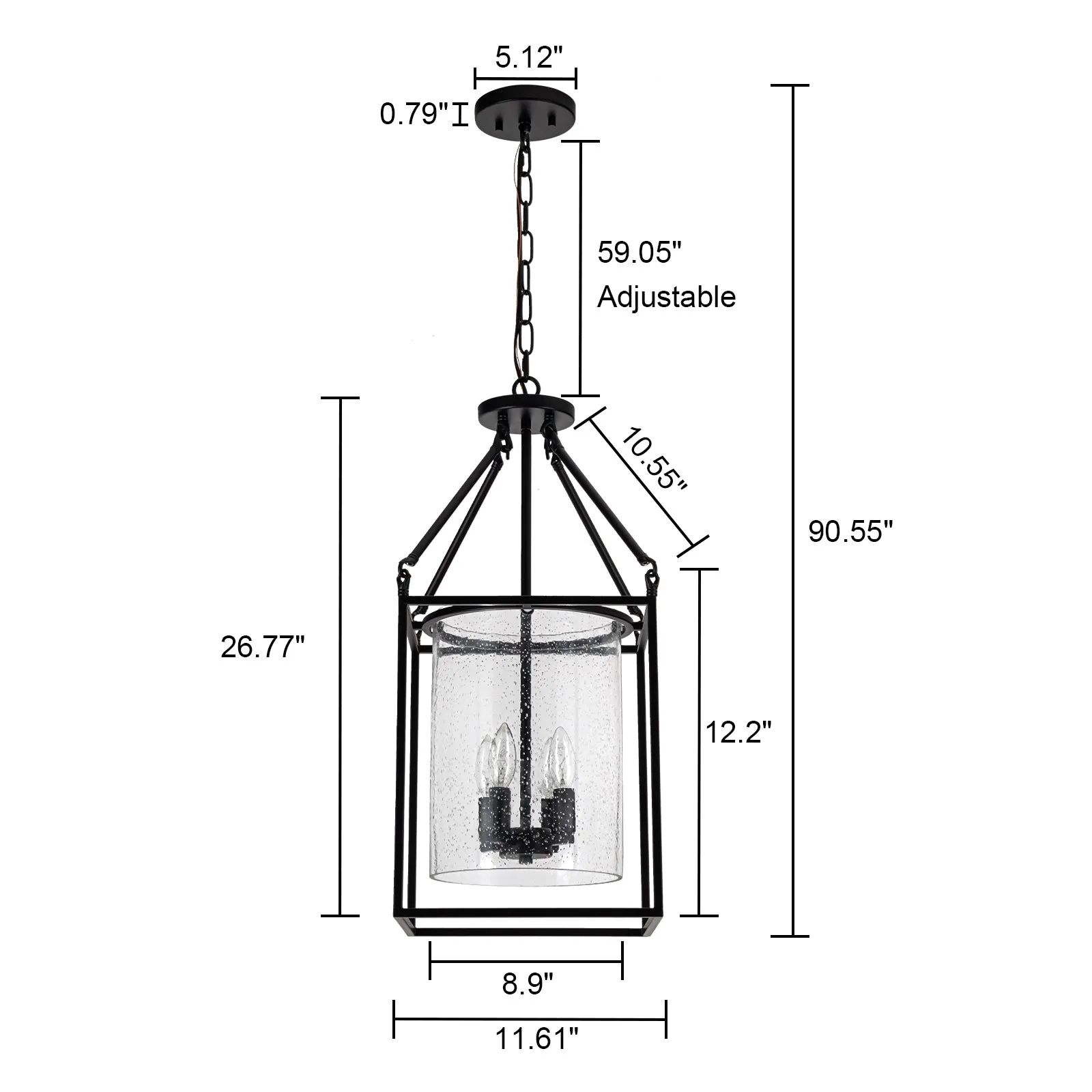 Glowlings 4-Light Vintage Seeded Glass Black Square Rectangle Lantern Chandelier