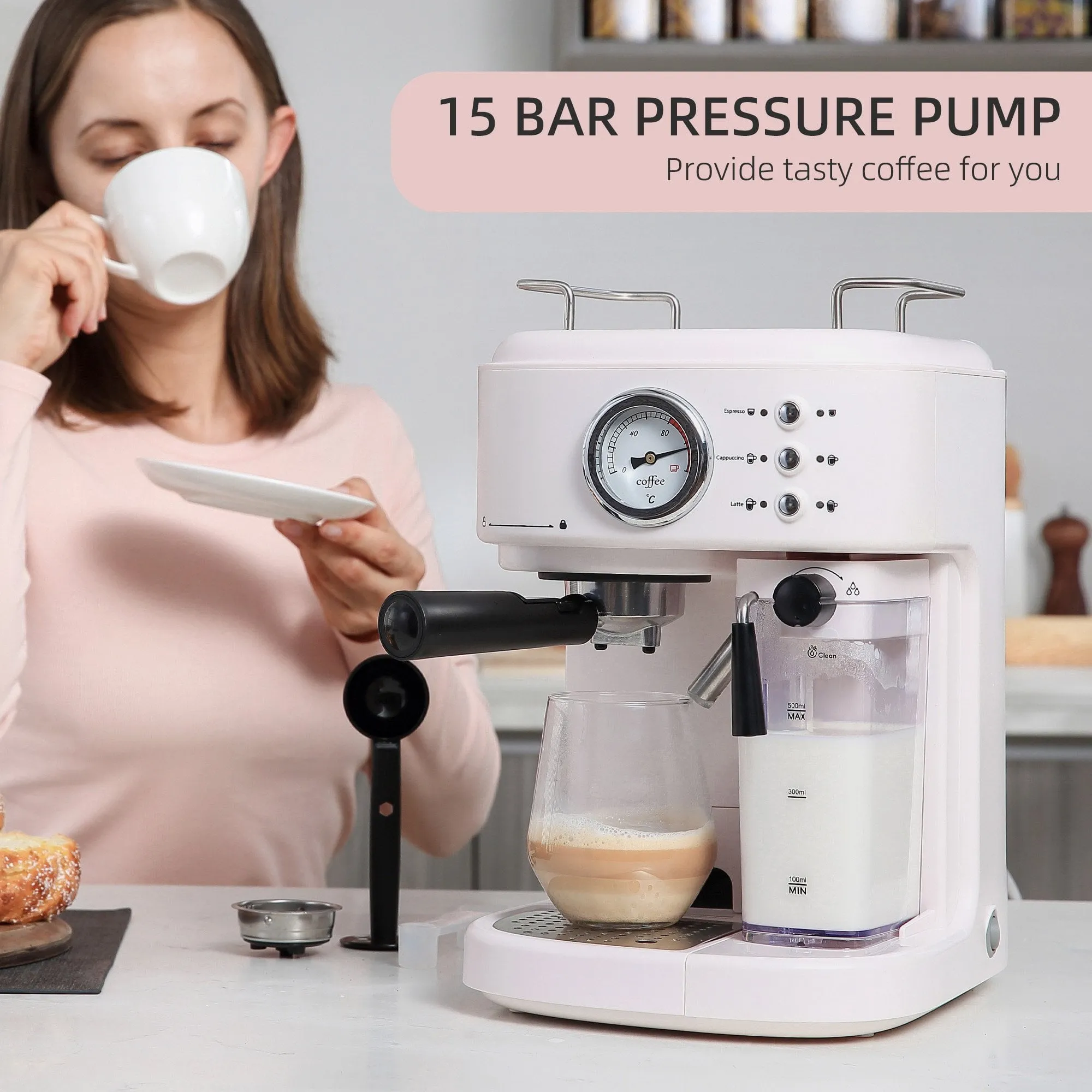 HOMCOM 5Pc Coffee Machine, Espresso & Cappuccino & Latte Maker with Milk Frothing Steamer, 1.5L Removable Water Tank, 2 Cups, 1250W