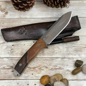 Hunting Knife, Leather Sheath, Walnut Wood Handle Bohler N690 Steel