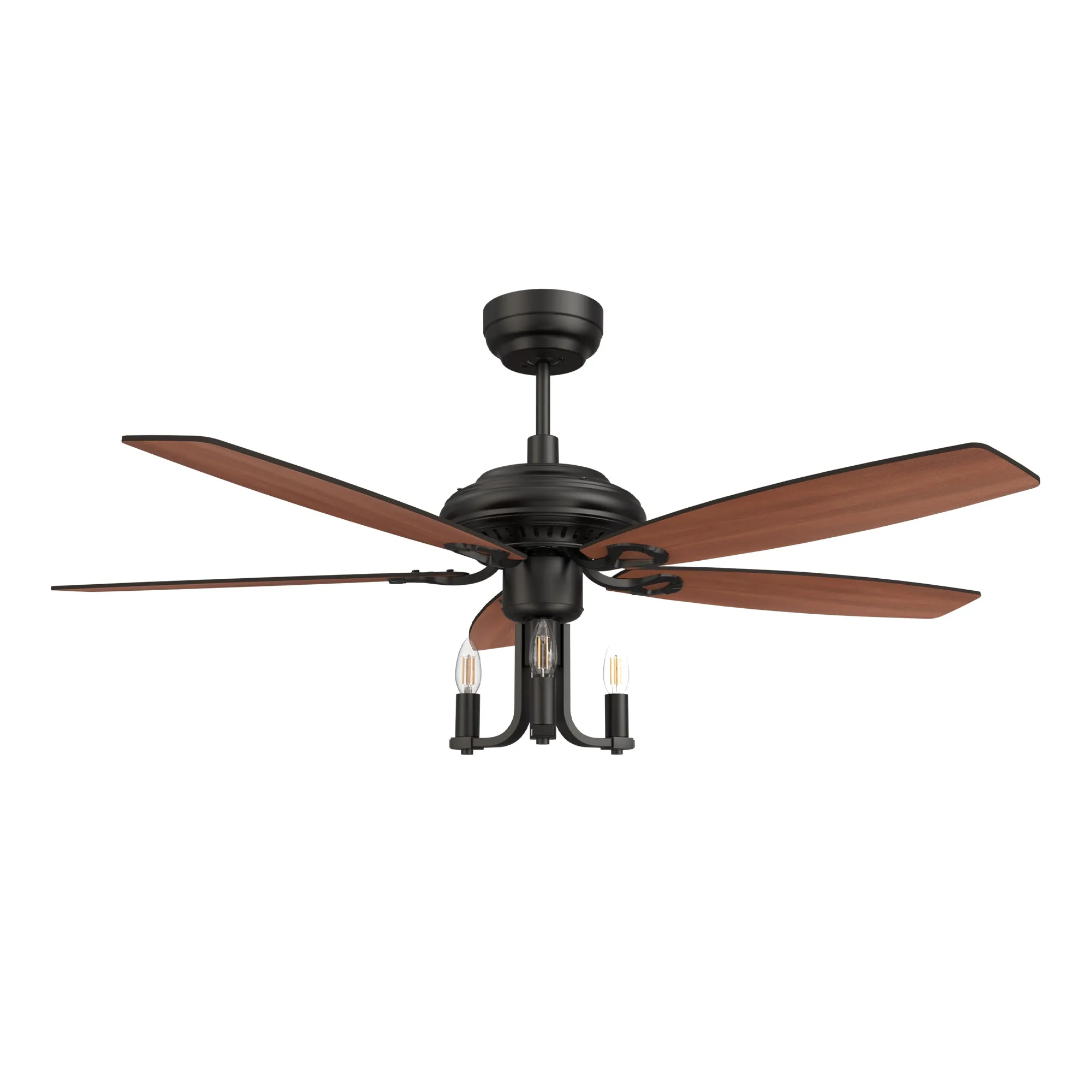 HUNTLEY 52 inch 5-Blade Vintage Candelabra Ceiling Fan with Light & Remote Control - Black/Brown Wood & Rosewood (Reversible Blades)