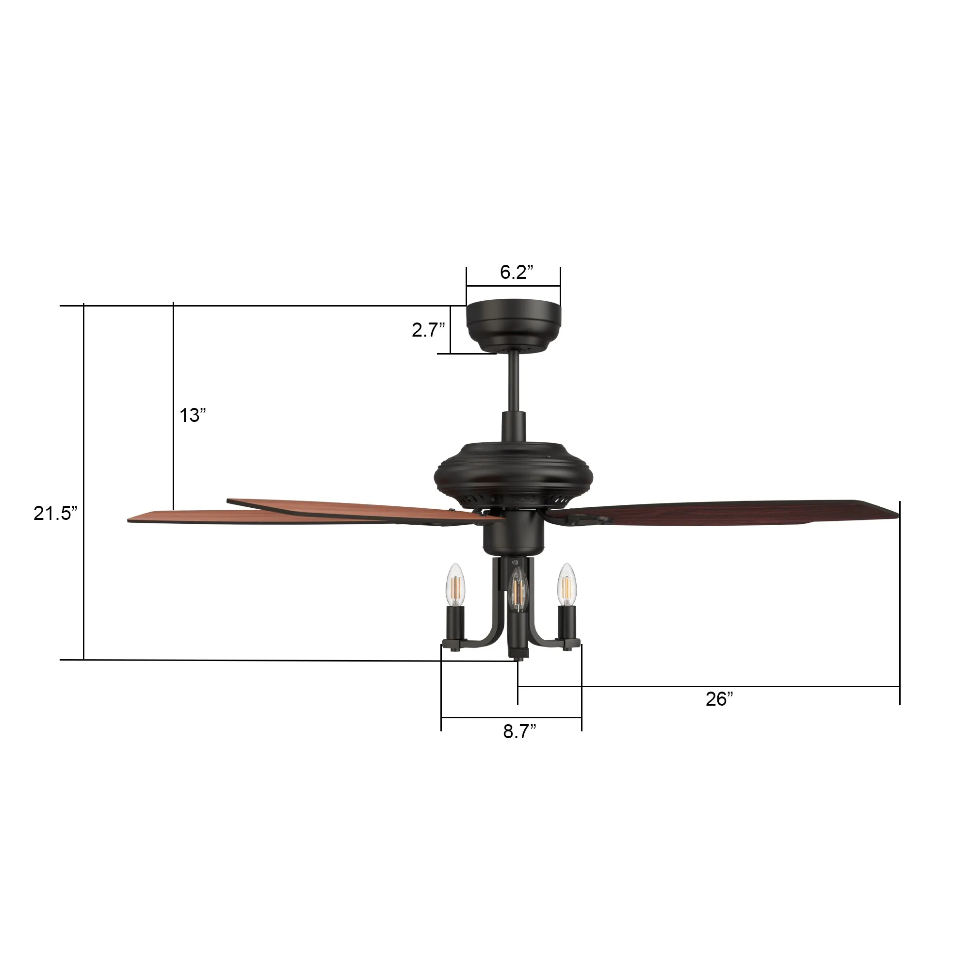 HUNTLEY 52 inch 5-Blade Vintage Candelabra Ceiling Fan with Light & Remote Control - Black/Brown Wood & Rosewood (Reversible Blades)