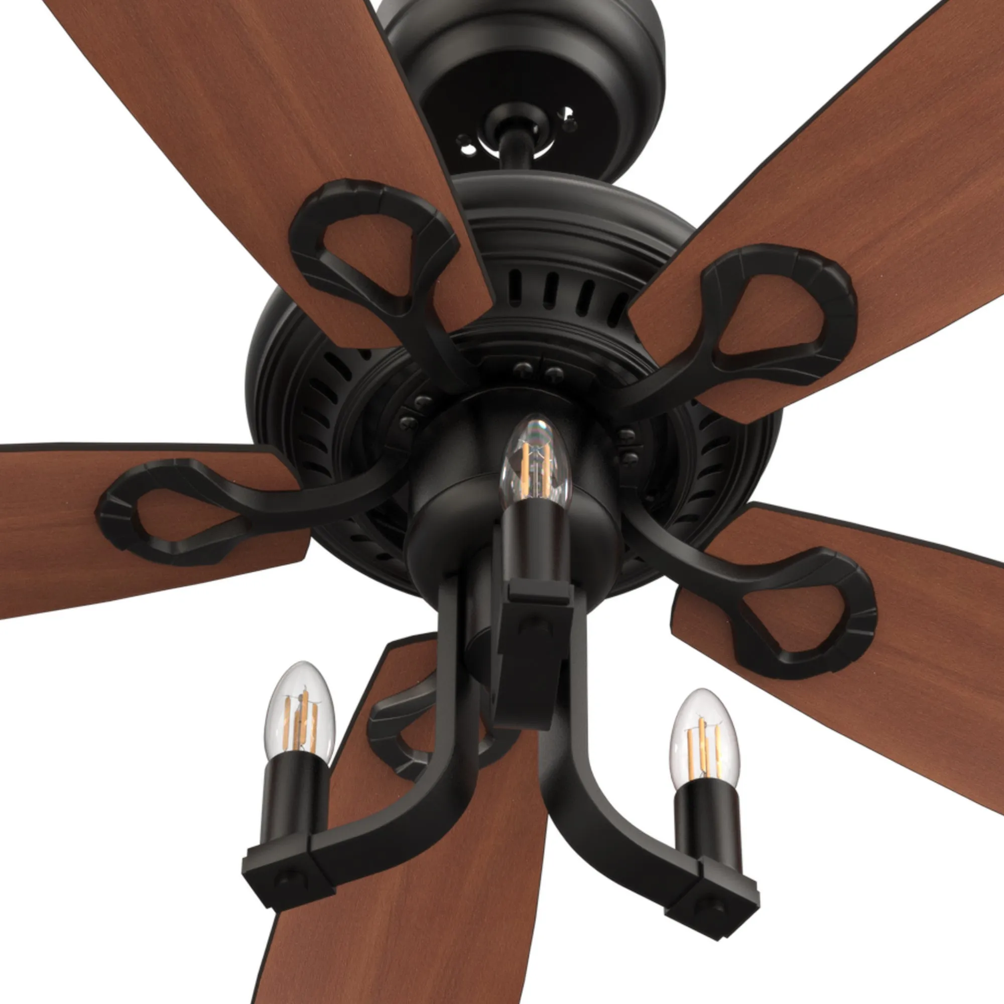 HUNTLEY 52 inch 5-Blade Vintage Candelabra Ceiling Fan with Light & Remote Control - Black/Brown Wood & Rosewood (Reversible Blades)