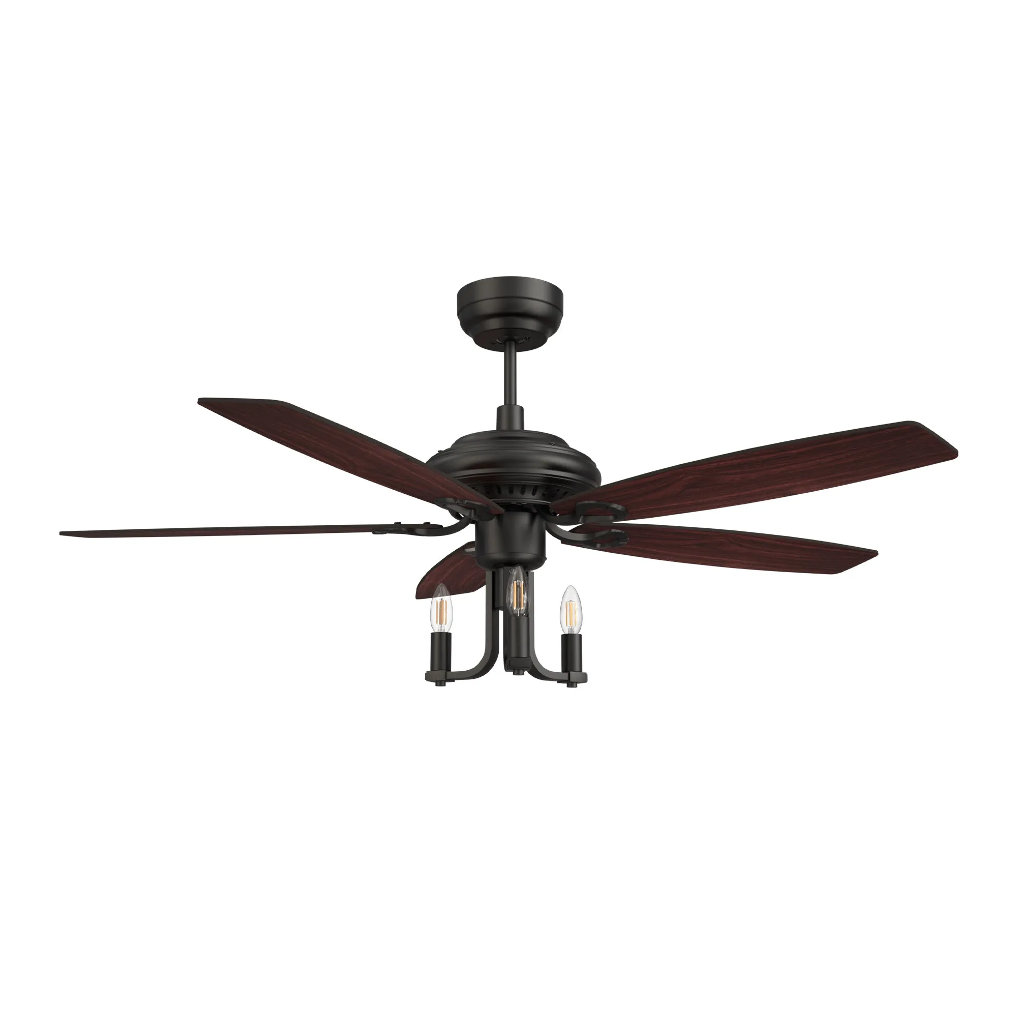 HUNTLEY 52 inch 5-Blade Vintage Candelabra Ceiling Fan with Light & Remote Control - Black/Brown Wood & Rosewood (Reversible Blades)