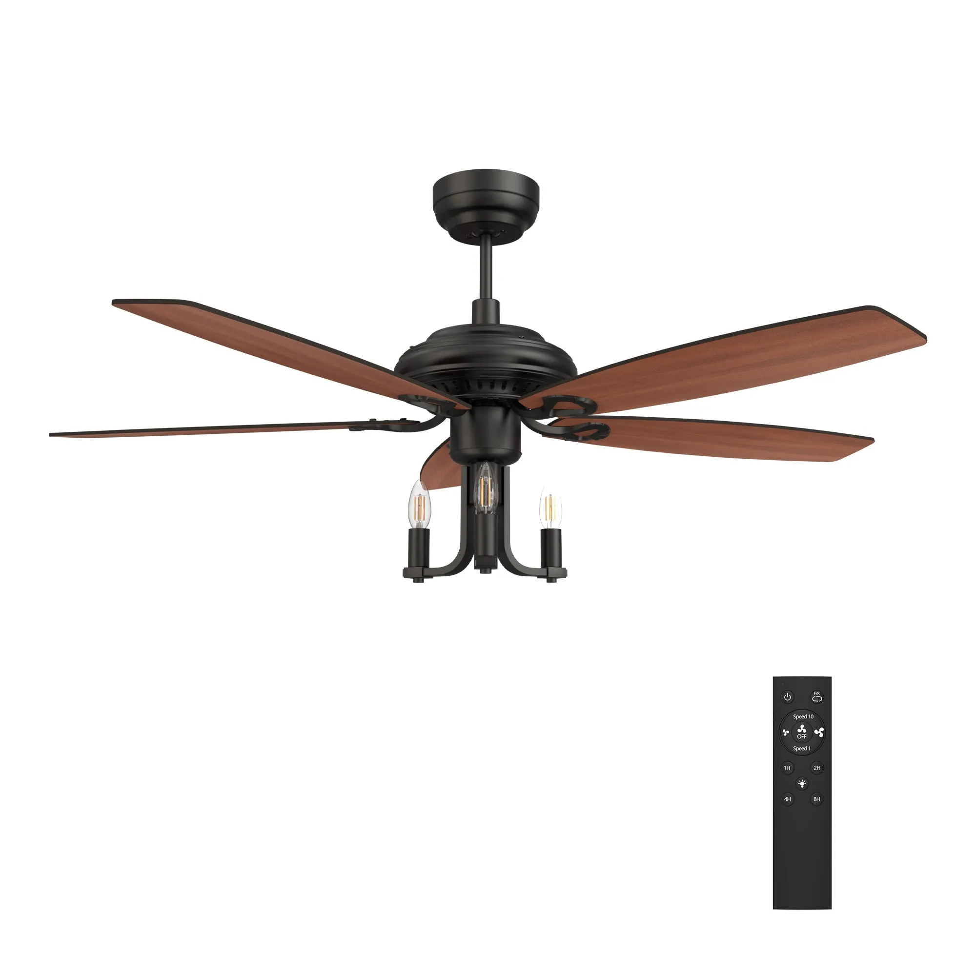 HUNTLEY 52 inch 5-Blade Vintage Candelabra Ceiling Fan with Light & Remote Control - Black/Brown Wood & Rosewood (Reversible Blades)