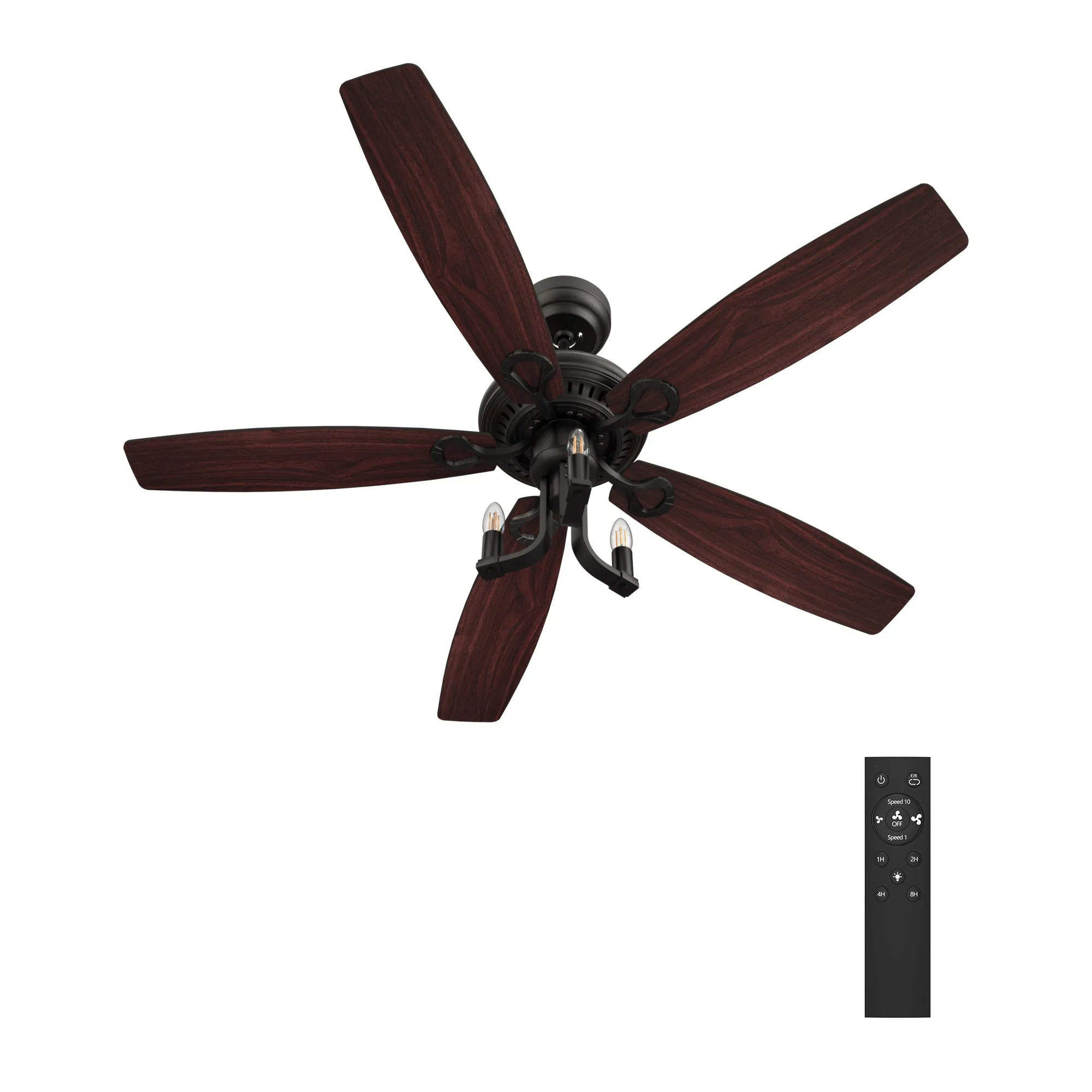 HUNTLEY 52 inch 5-Blade Vintage Candelabra Ceiling Fan with Light & Remote Control - Black/Brown Wood & Rosewood (Reversible Blades)