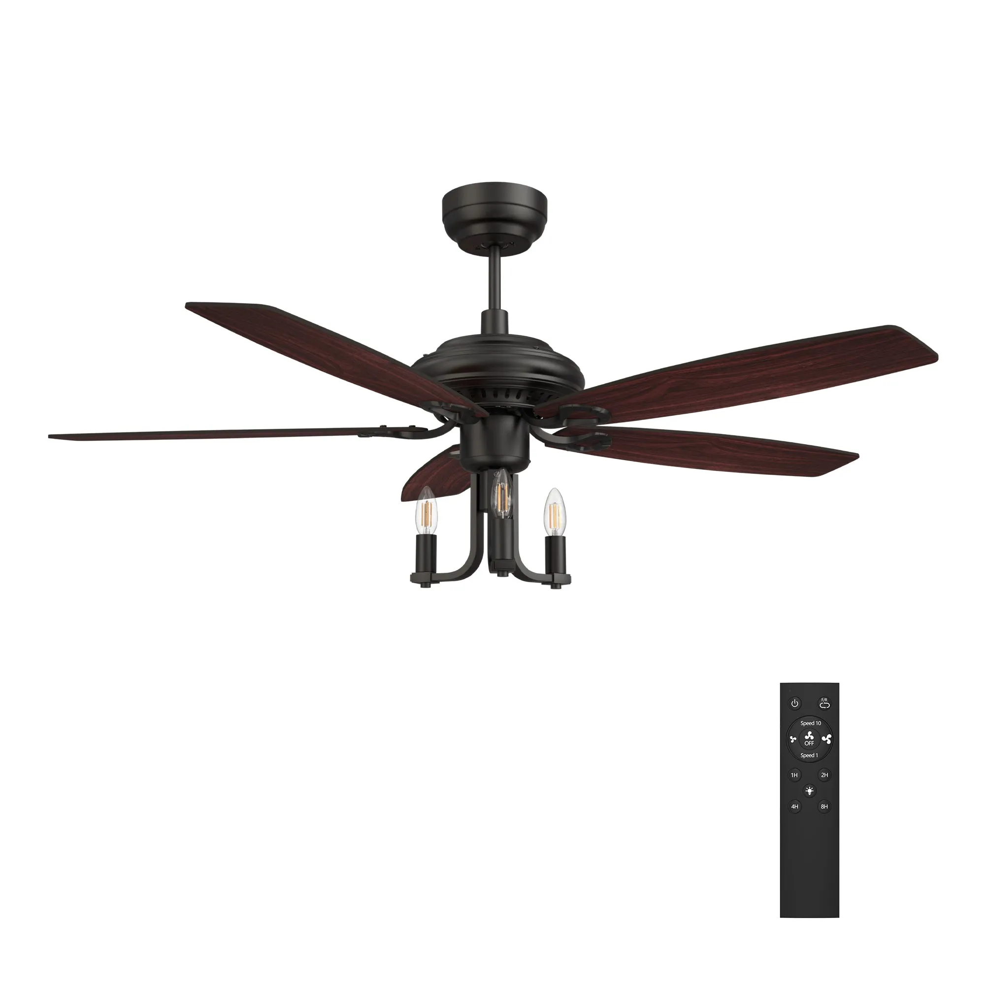 HUNTLEY 52 inch 5-Blade Vintage Candelabra Ceiling Fan with Light & Remote Control - Black/Brown Wood & Rosewood (Reversible Blades)