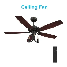 HUNTLEY 52 inch 5-Blade Vintage Candelabra Ceiling Fan with Light & Remote Control - Black/Brown Wood & Rosewood (Reversible Blades)