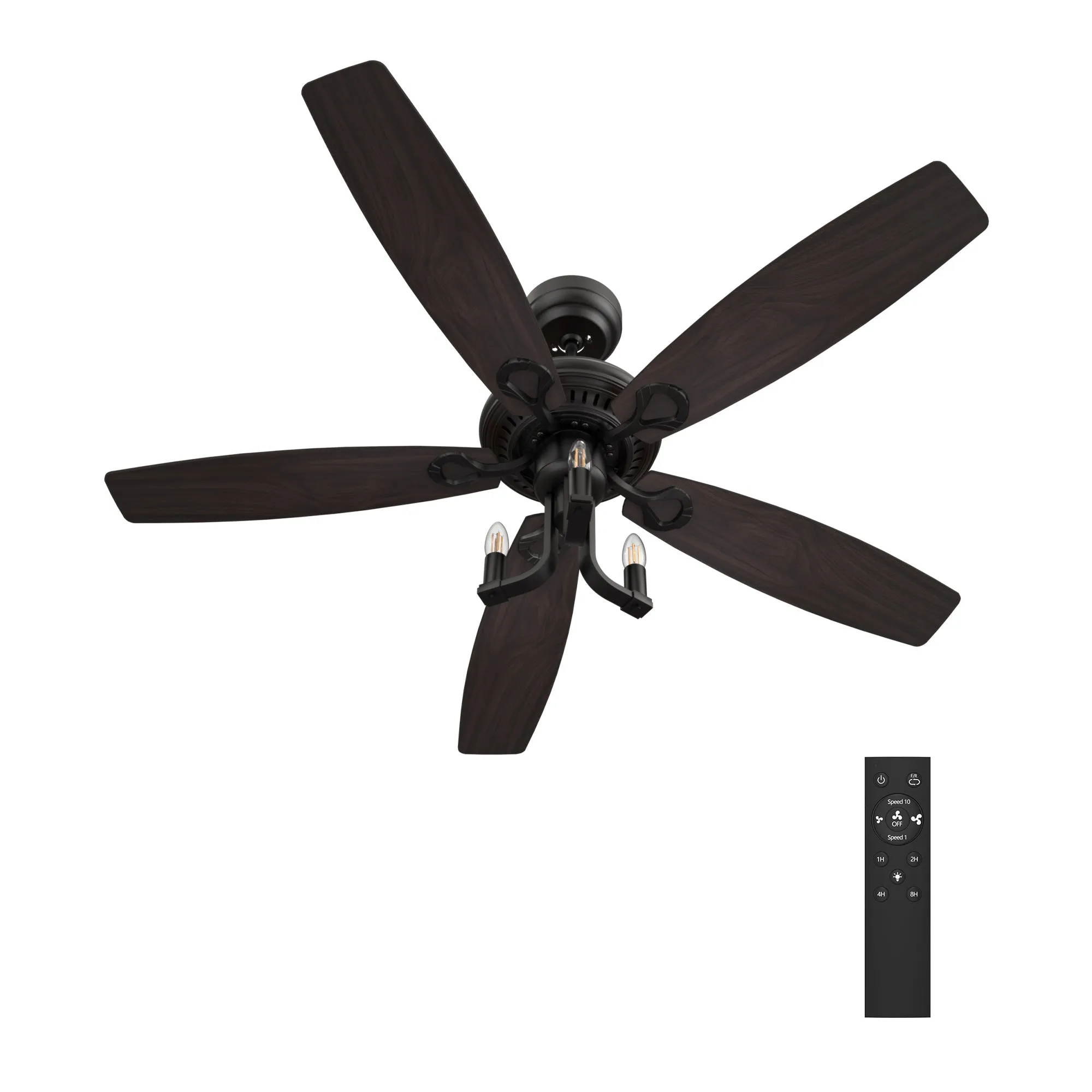 HUNTLEY 52 inch 5-Blade Vintage Candelabra Ceiling Fan with Light & Remote Control - Black/Brown Wood & Walnut (Reversible Blades)