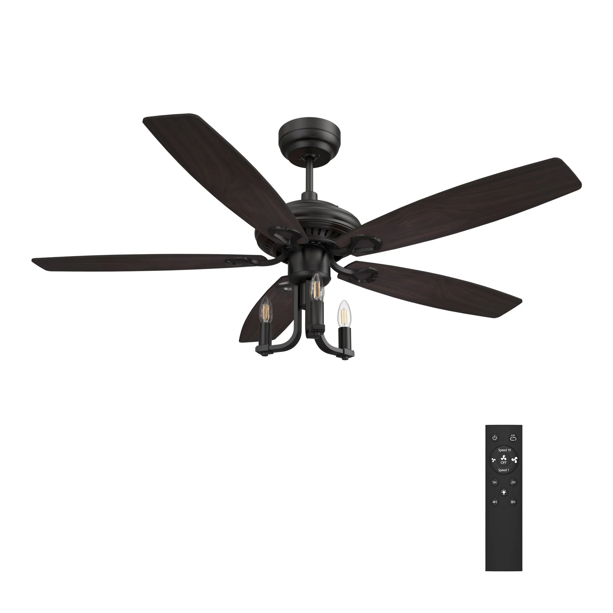 HUNTLEY 52 inch 5-Blade Vintage Candelabra Ceiling Fan with Light & Remote Control - Black/Brown Wood & Walnut (Reversible Blades)