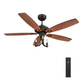 HUNTLEY 52 inch 5-Blade Vintage Candelabra Ceiling Fan with Light & Remote Control - Black/Brown Wood & Walnut (Reversible Blades)