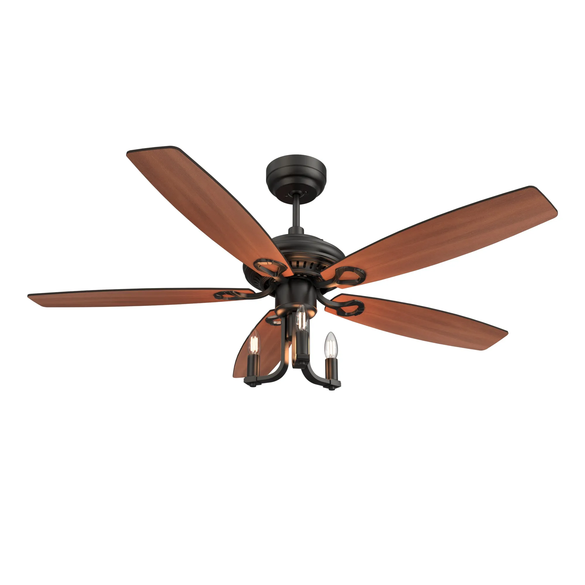 HUNTLEY 52 inch 5-Blade Vintage Candelabra Ceiling Fan with Light & Remote Control - Black/Brown Wood & Walnut (Reversible Blades)