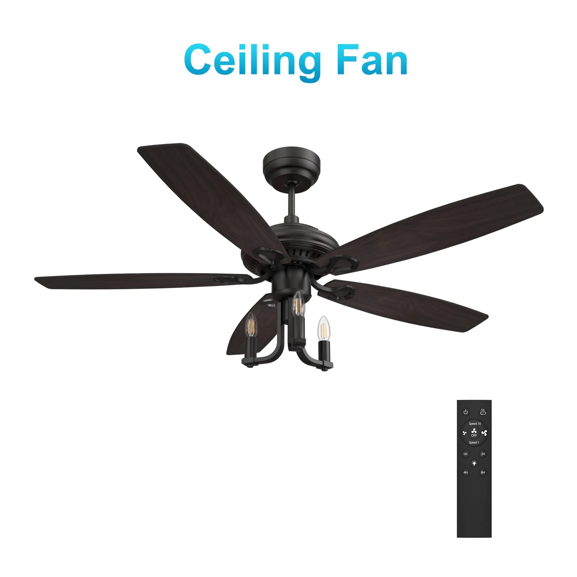 HUNTLEY 52 inch 5-Blade Vintage Candelabra Ceiling Fan with Light & Remote Control - Black/Brown Wood & Walnut (Reversible Blades)