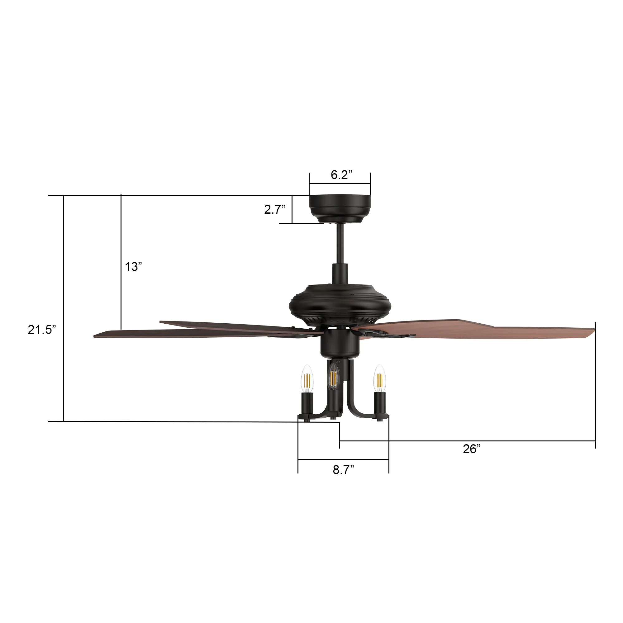 HUNTLEY 52 inch 5-Blade Vintage Candelabra Ceiling Fan with Light & Remote Control - Black/Brown Wood & Walnut (Reversible Blades)