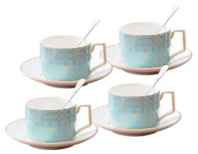 Jusalpha Fine China Modern Elegant Tea Cup and Saucer Set-Coffee Cup Set with Saucer and Spoon,TCS15 (4) (Blue)