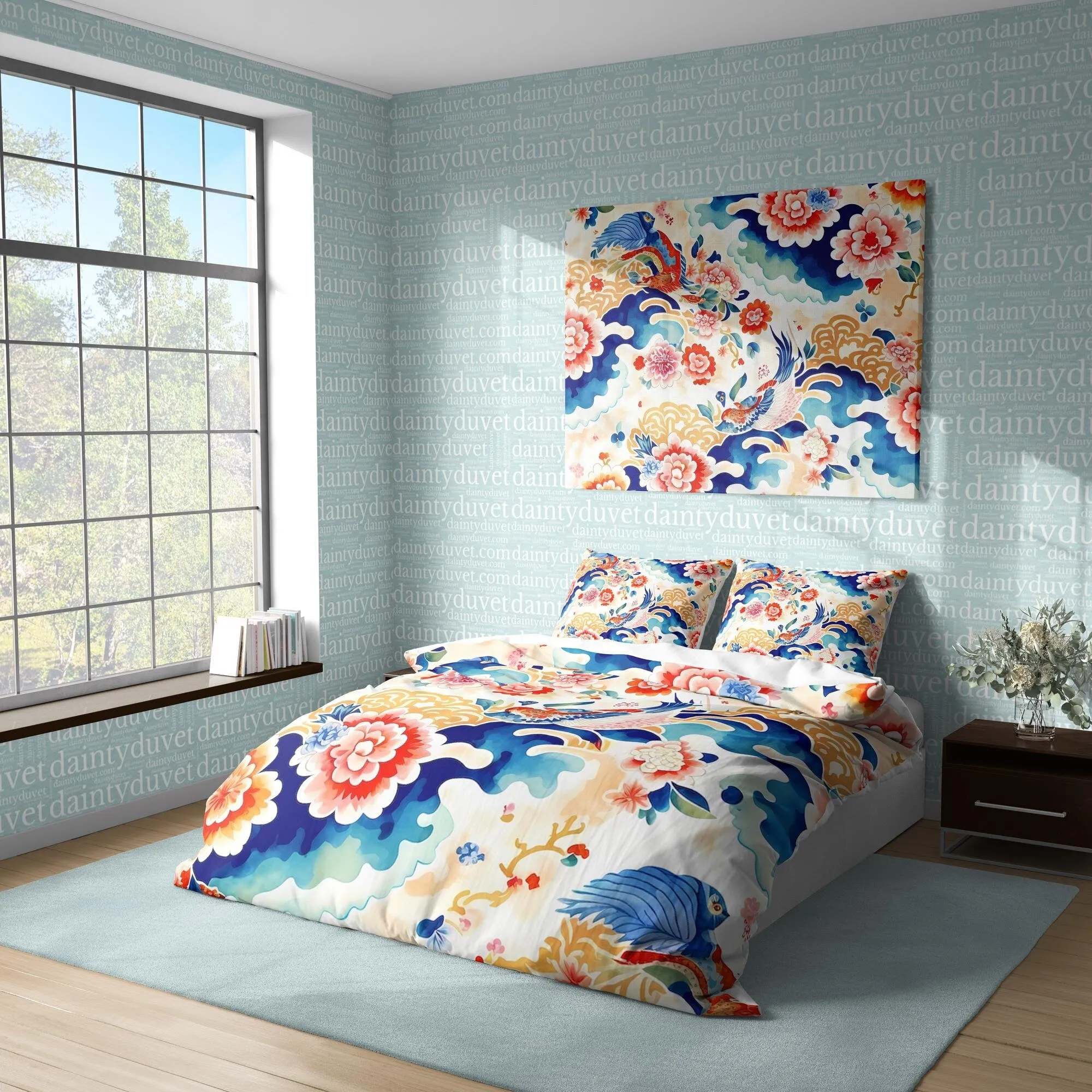 Koi Fish Duvet Cover Chrysanthemum Quilt Cover, Japanese Art Bedding Set Colorful Blanket Cover, Adults Room Bedspread Retro Bed Cover