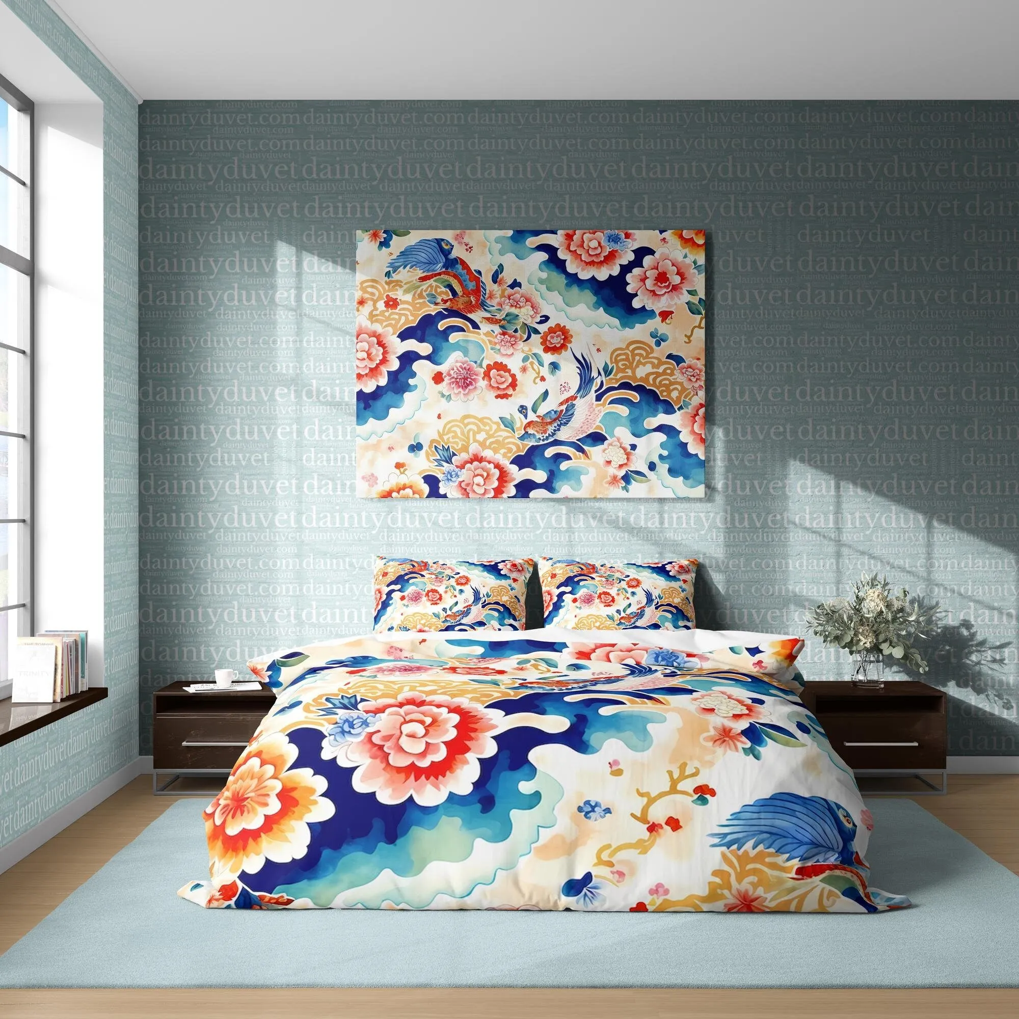 Koi Fish Duvet Cover Chrysanthemum Quilt Cover, Japanese Art Bedding Set Colorful Blanket Cover, Adults Room Bedspread Retro Bed Cover