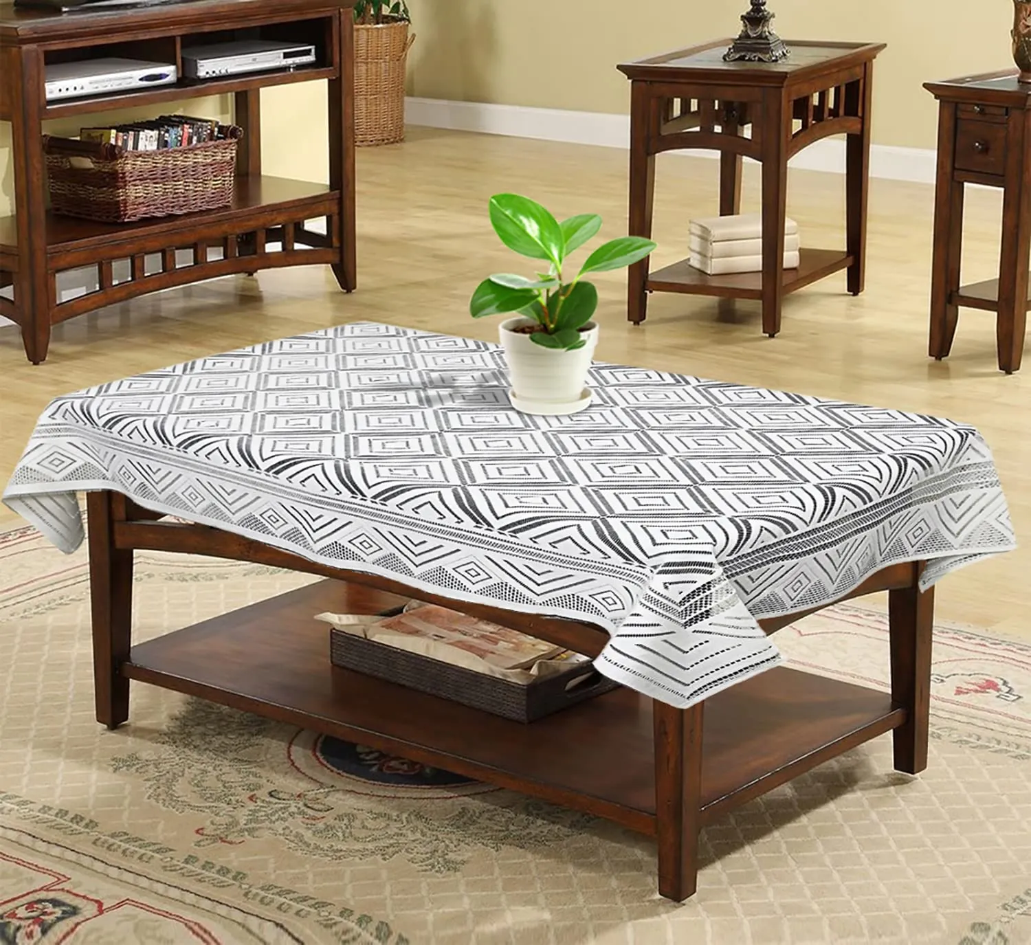 Kuber Industries Argyle Printed Cotton 4 Seater Center Table Cover,40"x60" (White)-44KM025