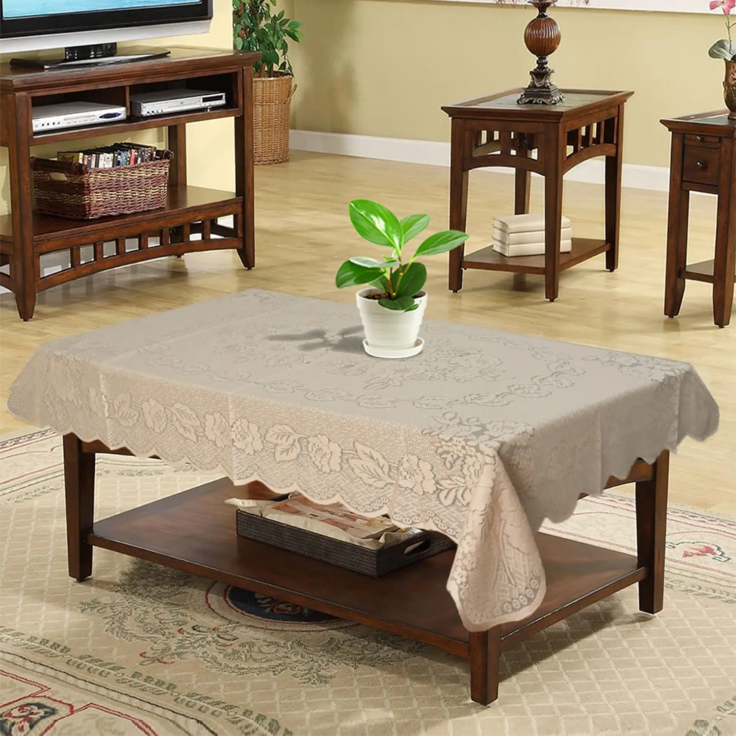 Kuber Industries Rose Printed Cotton 4 Seater Center Table Cover,40"x60" (Cream)-44KM077