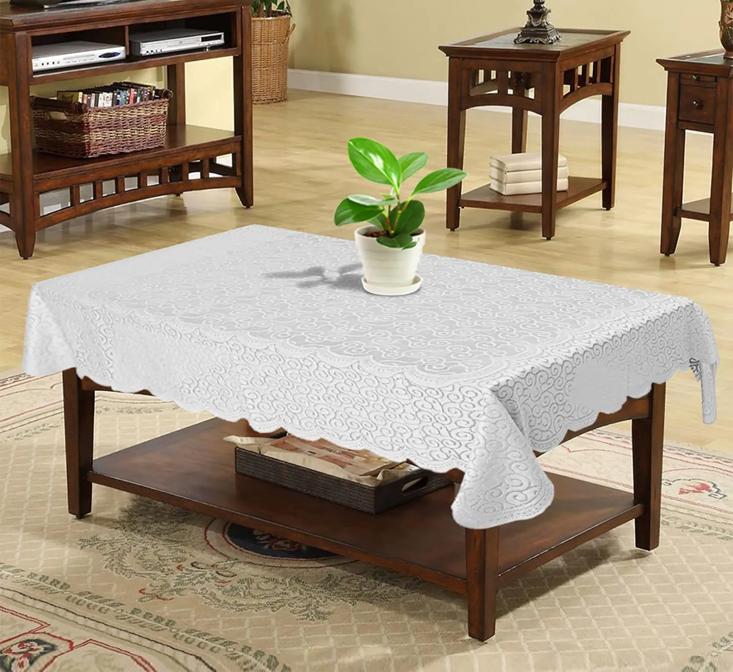 Kuber Industries Seamless Elegant Printed Cotton 4 Seater Center Table Cover,40"x60" (White)-44KM065