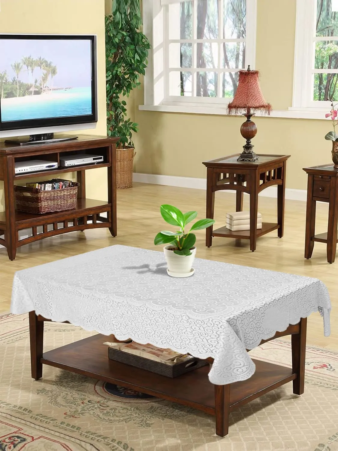 Kuber Industries Seamless Elegant Printed Cotton 4 Seater Center Table Cover,40"x60" (White)-44KM065