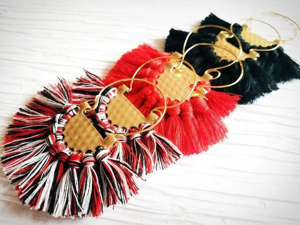 Large Black, Red & White Fringe Crescent Fan Shape Hoop Statement Trendy Atlanta Falcons Georgia Bulldogs, Fanfare Earrings