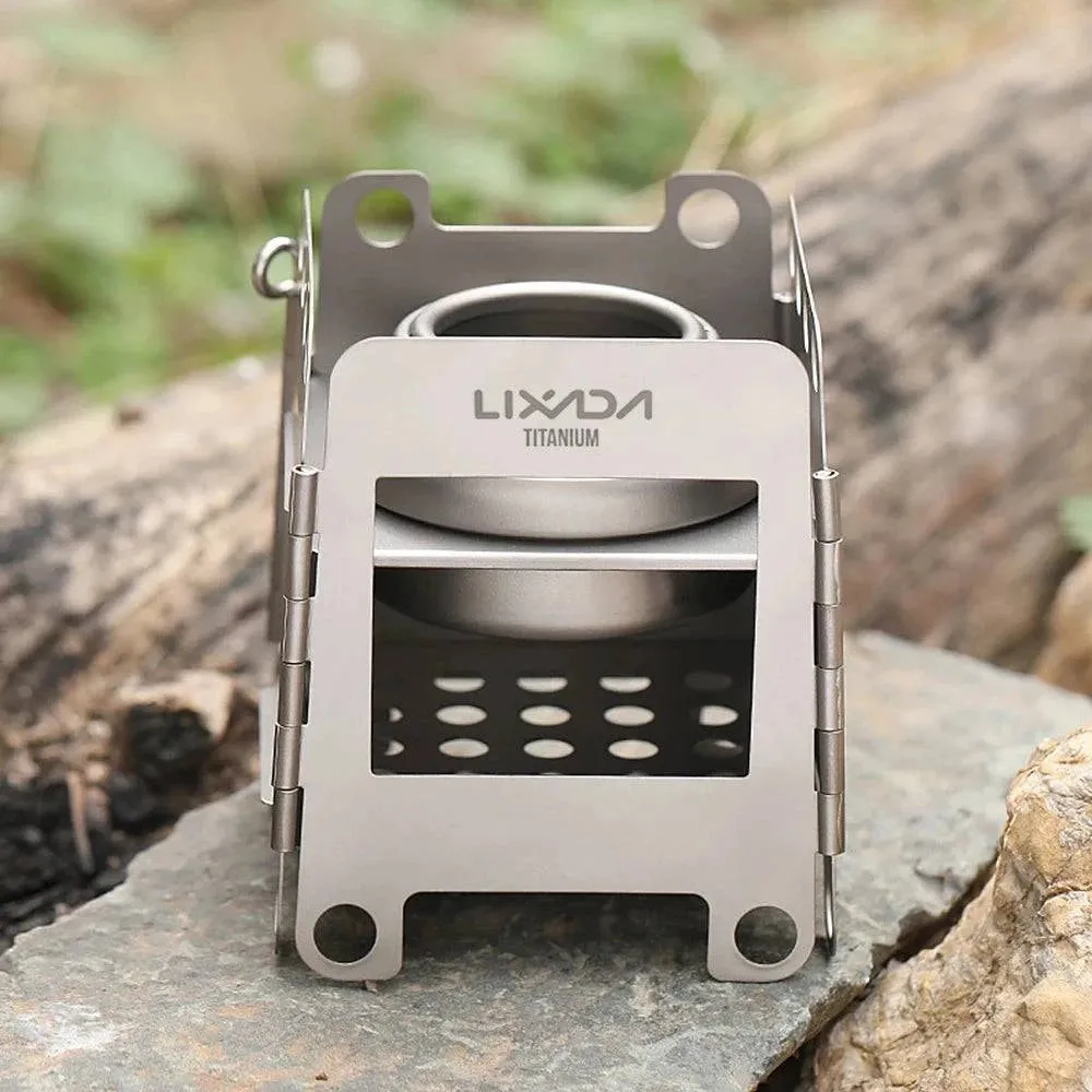 Lixada Portable Folding Wood Stove Titanium Lightweight Pocket Stove with Mini Alcohol Stove for Outdoor Camping Cooking Picnic