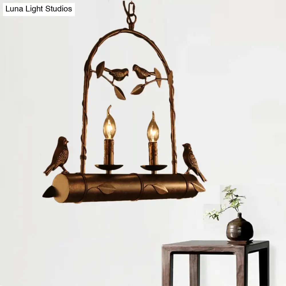 Lodge Birdcage Chandelier Lamp with Flameless Candle - Wrought Iron Pendant Lighting in Dark Rust (2 Lights)