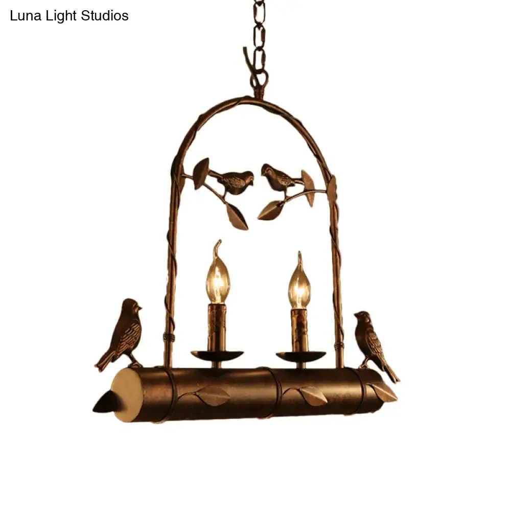 Lodge Birdcage Chandelier Lamp with Flameless Candle - Wrought Iron Pendant Lighting in Dark Rust (2 Lights)