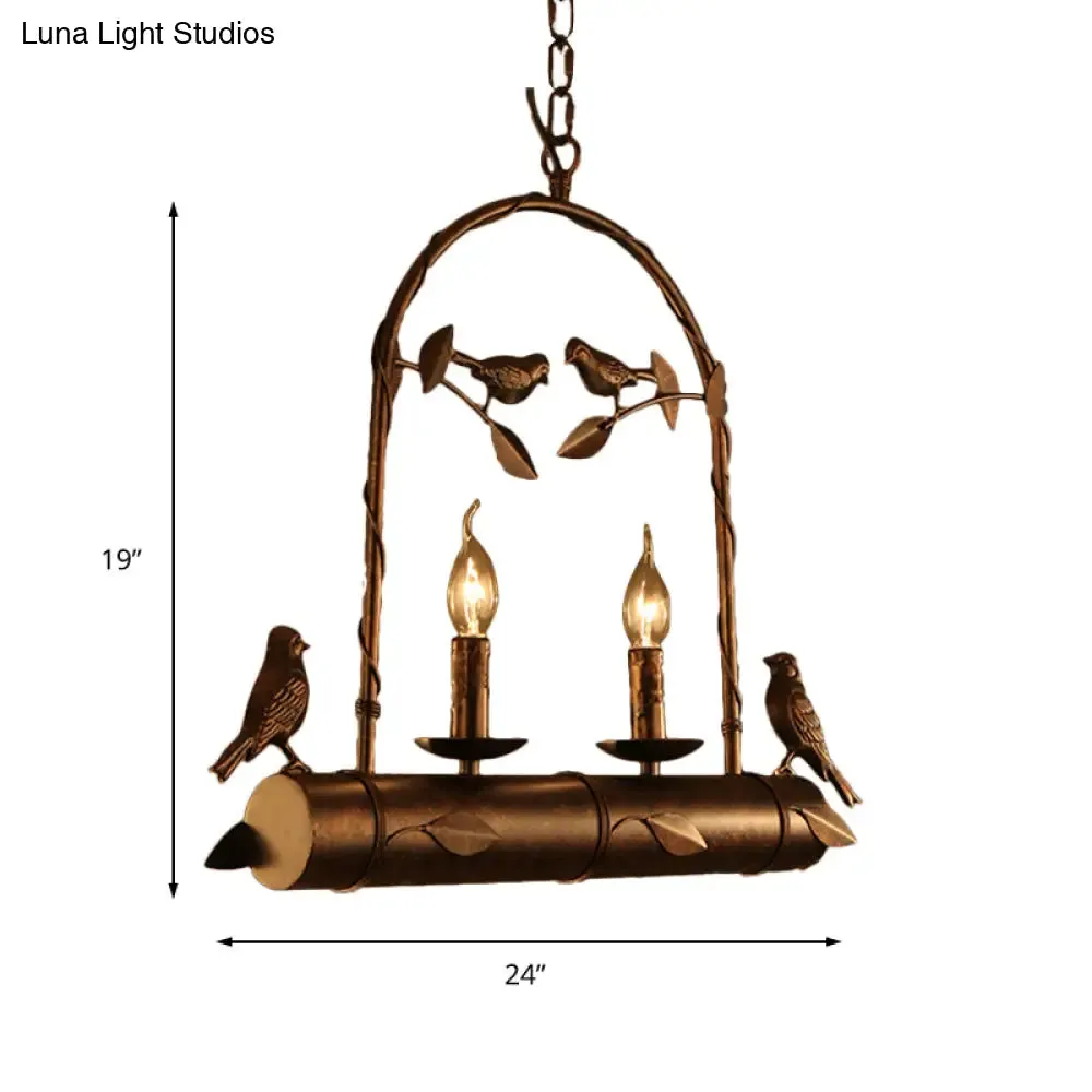 Lodge Birdcage Chandelier Lamp with Flameless Candle - Wrought Iron Pendant Lighting in Dark Rust (2 Lights)