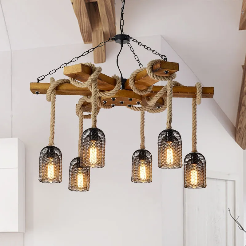 Lodge Style Pendant Light with Wire Mesh, Wood and Rope - Brown Base, 3/6 Lights