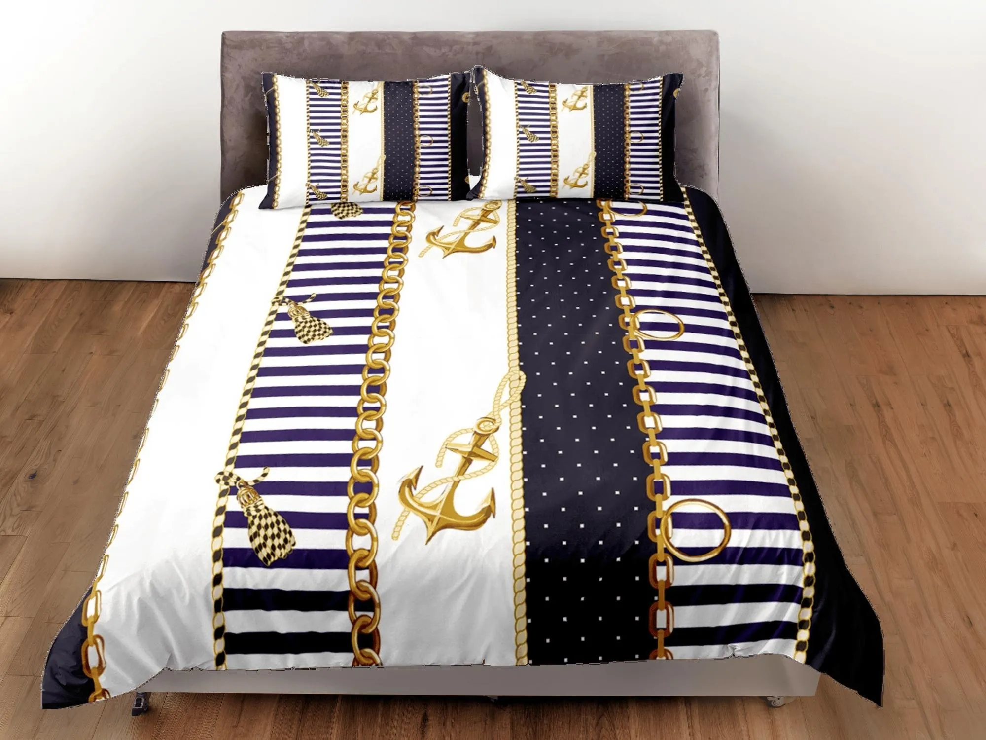 Luxury gold chains anchor nautical duvet cover coastal grandma bedding set full queen king, aesthetic beach room decor, seaman captain gift