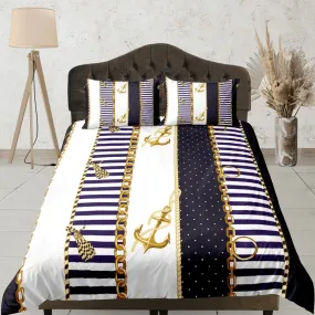 Luxury gold chains anchor nautical duvet cover coastal grandma bedding set full queen king, aesthetic beach room decor, seaman captain gift