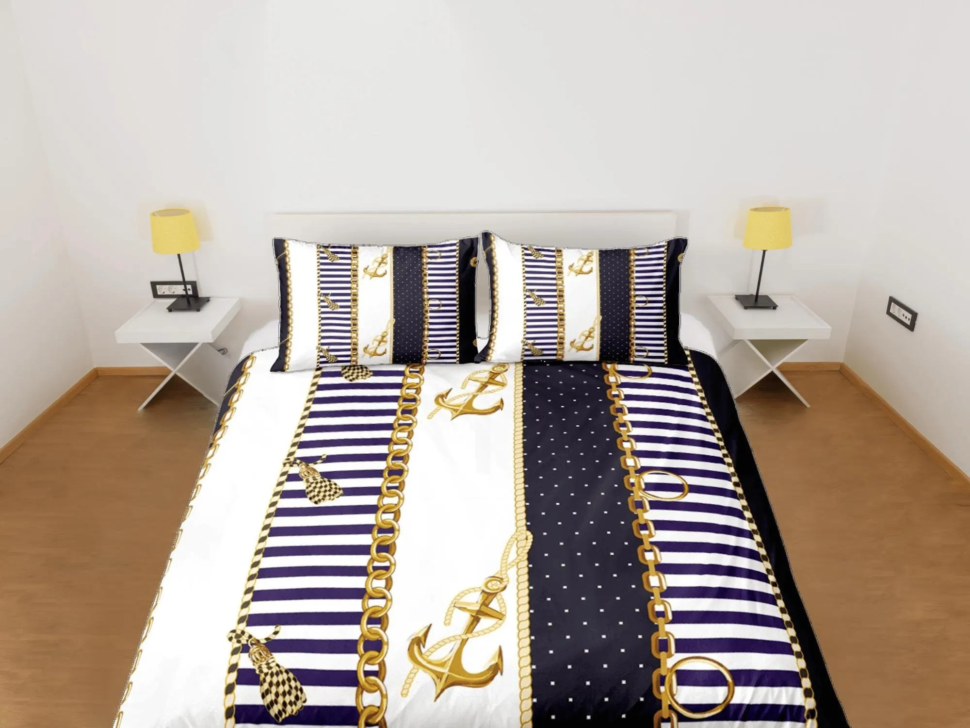 Luxury gold chains anchor nautical duvet cover coastal grandma bedding set full queen king, aesthetic beach room decor, seaman captain gift