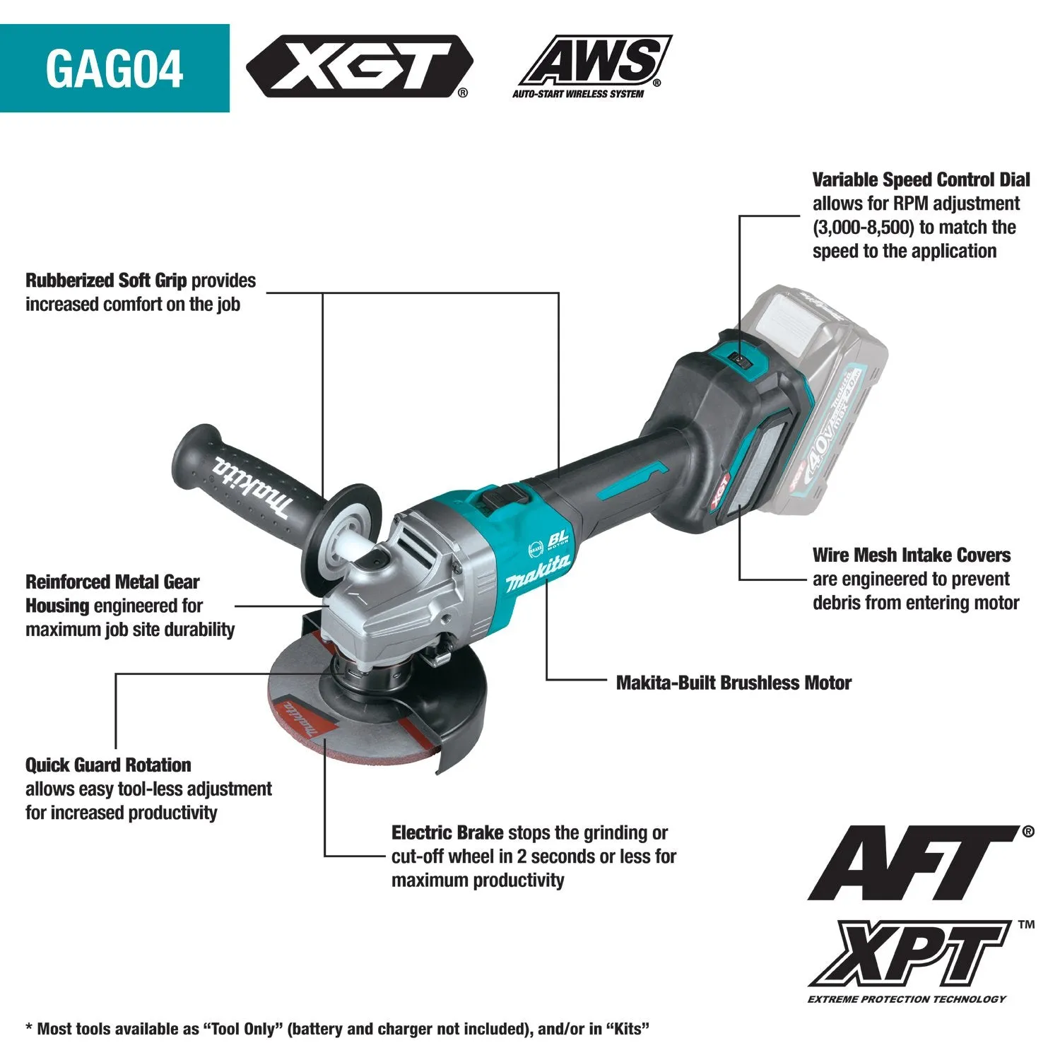 Makita (GAG04Z) 40V max XGT® Brushless 4‑1/2” / 5" Angle Grinder, w/Electric Brake, AWS® Capable (Tool Only)