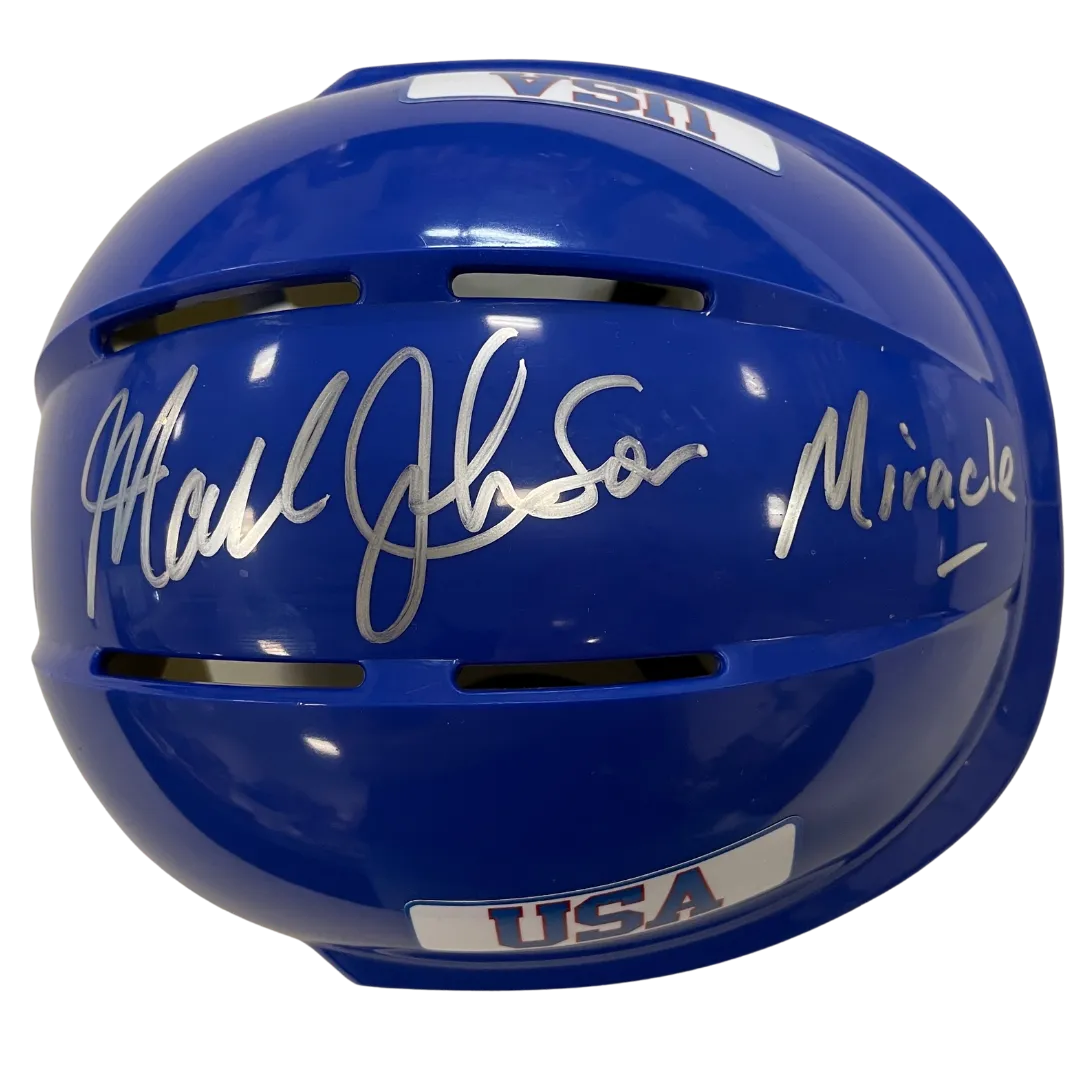 Mark Johnson Autographed Royal Blue Mini Helmet "Miracle" (#1/10)