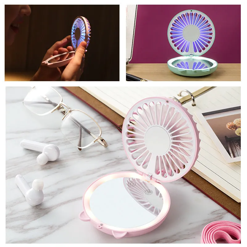 Mini Fan Hanging Neck USB Cartoon Mirror Fill Light Portable Pocketable Folding Rechargeable Fan