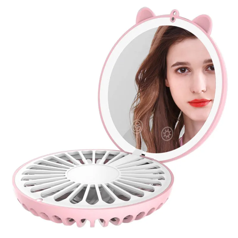 Mini Fan Hanging Neck USB Cartoon Mirror Fill Light Portable Pocketable Folding Rechargeable Fan