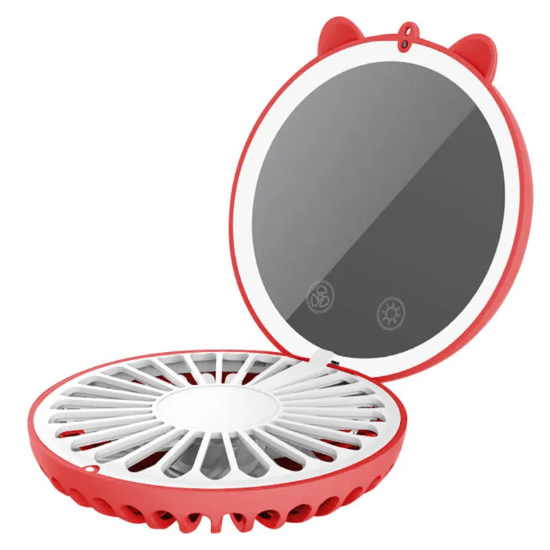 Mini Fan Hanging Neck USB Cartoon Mirror Fill Light Portable Pocketable Folding Rechargeable Fan