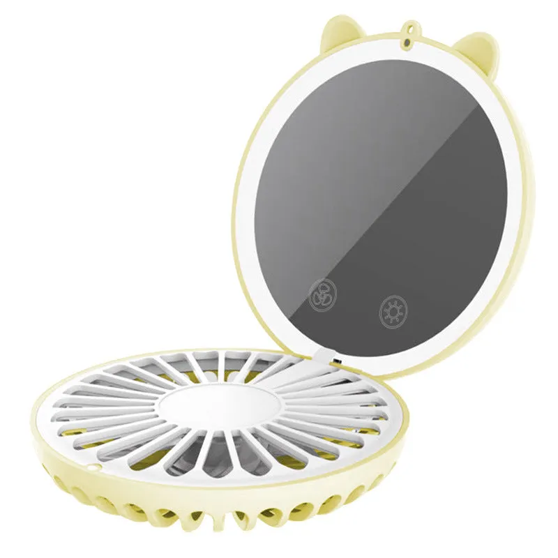 Mini Fan Hanging Neck USB Cartoon Mirror Fill Light Portable Pocketable Folding Rechargeable Fan