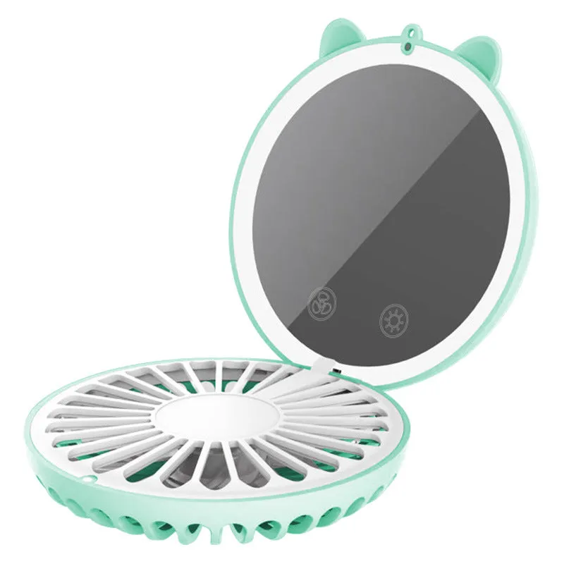 Mini Fan Hanging Neck USB Cartoon Mirror Fill Light Portable Pocketable Folding Rechargeable Fan