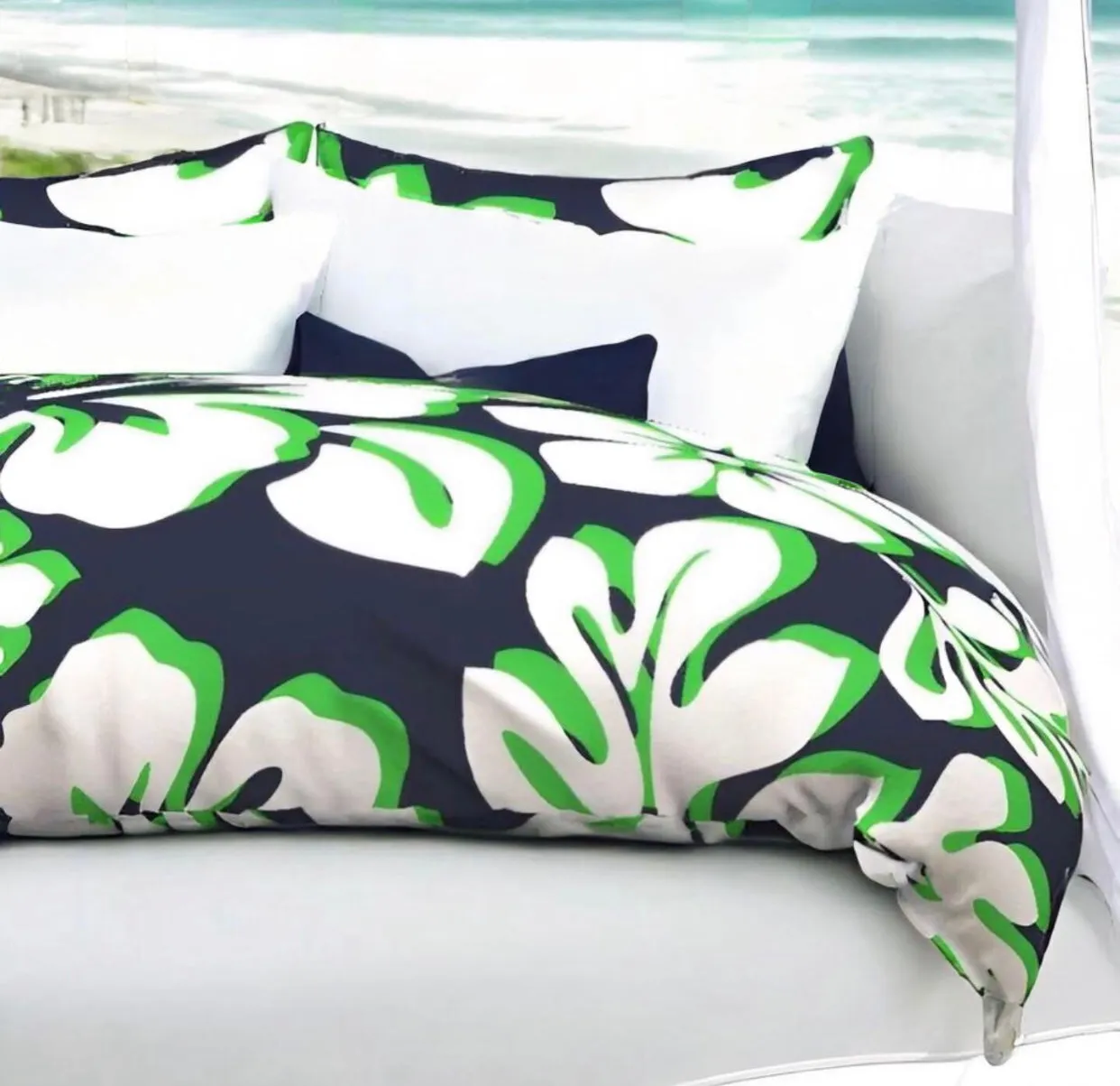 Navy Blue, Lime Green and White Hibiscus and Hawaiian Flowers Duvet Cover -Large Scale